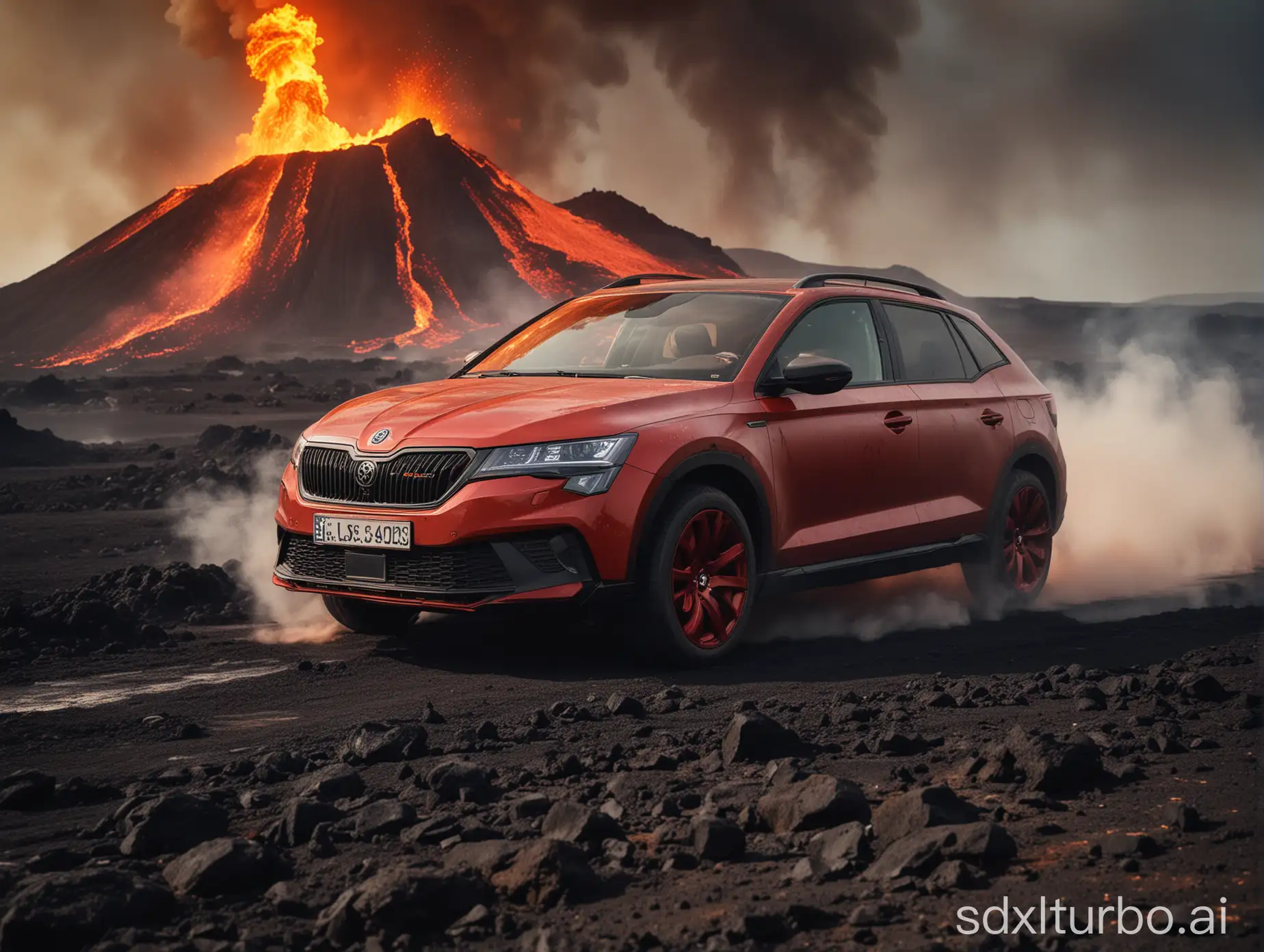 A professional front portrait photograph of a Skoda Camiq vehicle driving over a hot lava field. Extensive smoke is coming from the lava, and there is a volcano in the distant background. The car has a matte dark red paint job and an offroad bumper. The shot has a bokeh effect. The wheels of the car are on fire.