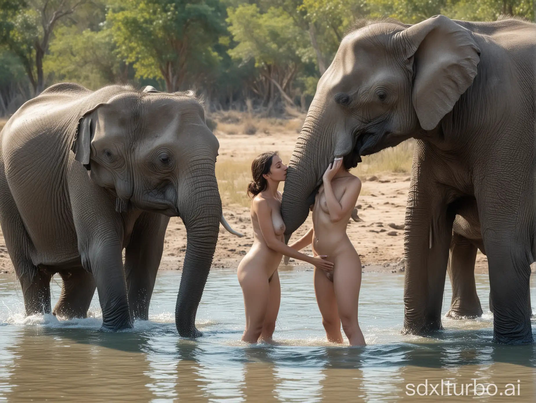 rocky pebble river. blue water. a beautiful angelic woman in her 20s giving bath to her pet elephant. Elephant is standing huge and majestic. the woman is nude and we see her from the side. she has her hands on elephant's front.