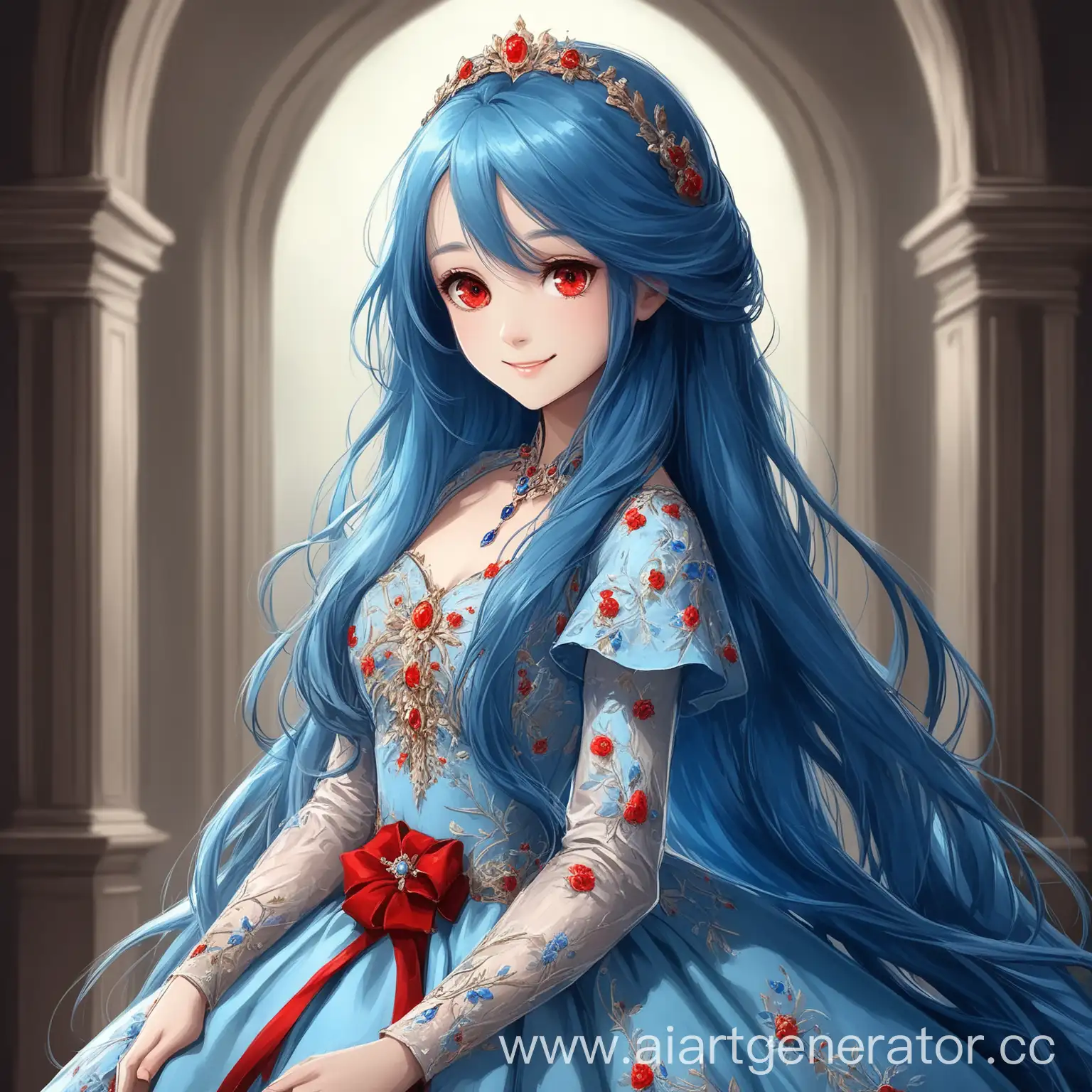 Молодая леди. Синие длинные волосы. Красивое платье. Красные глаза и добрая улыбка