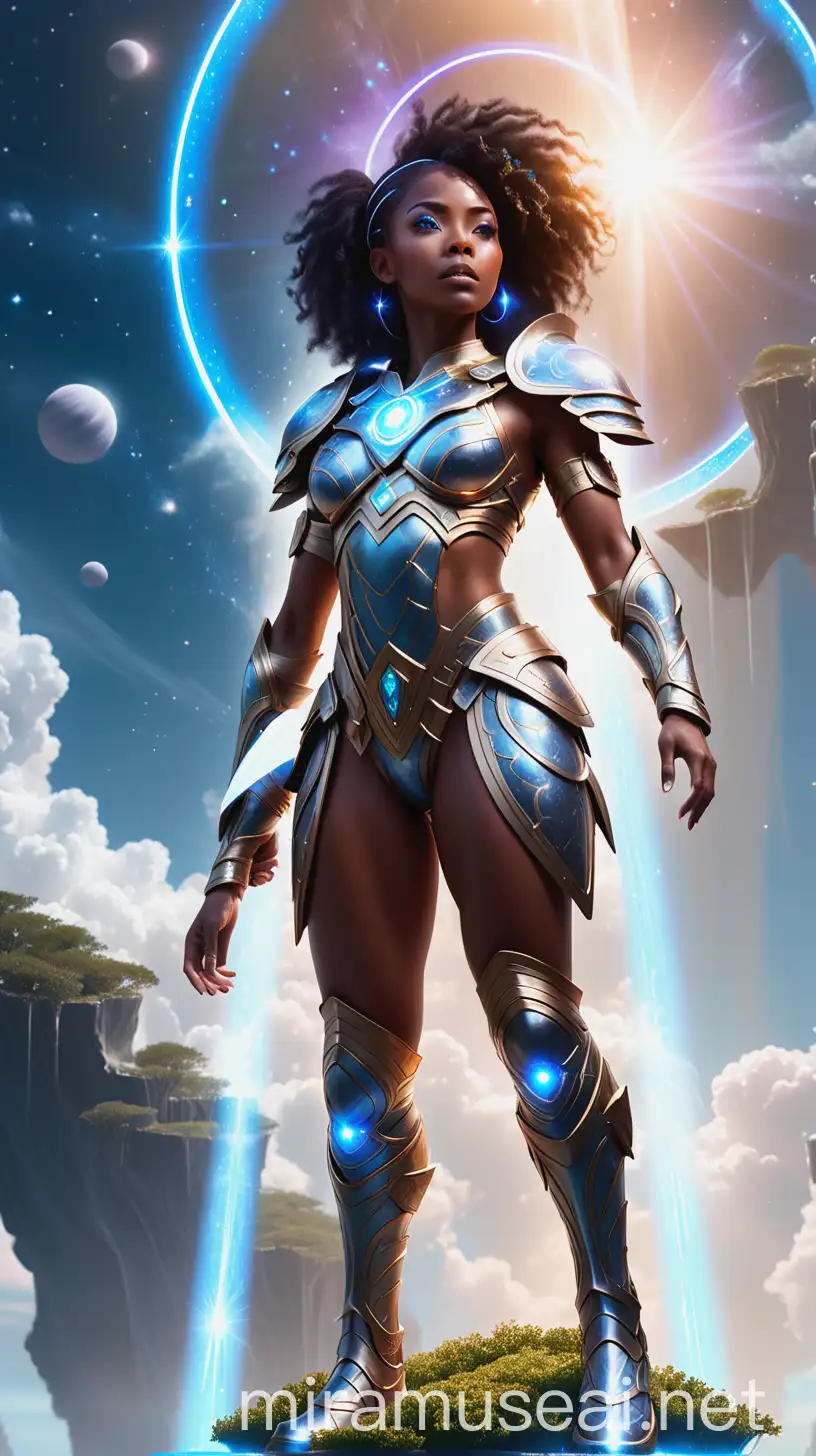A physically fit African American woman dressed in celestial armor, standing on a floating island in the sky, her eyes glowing with ethereal light as she guards a portal to another dimension.