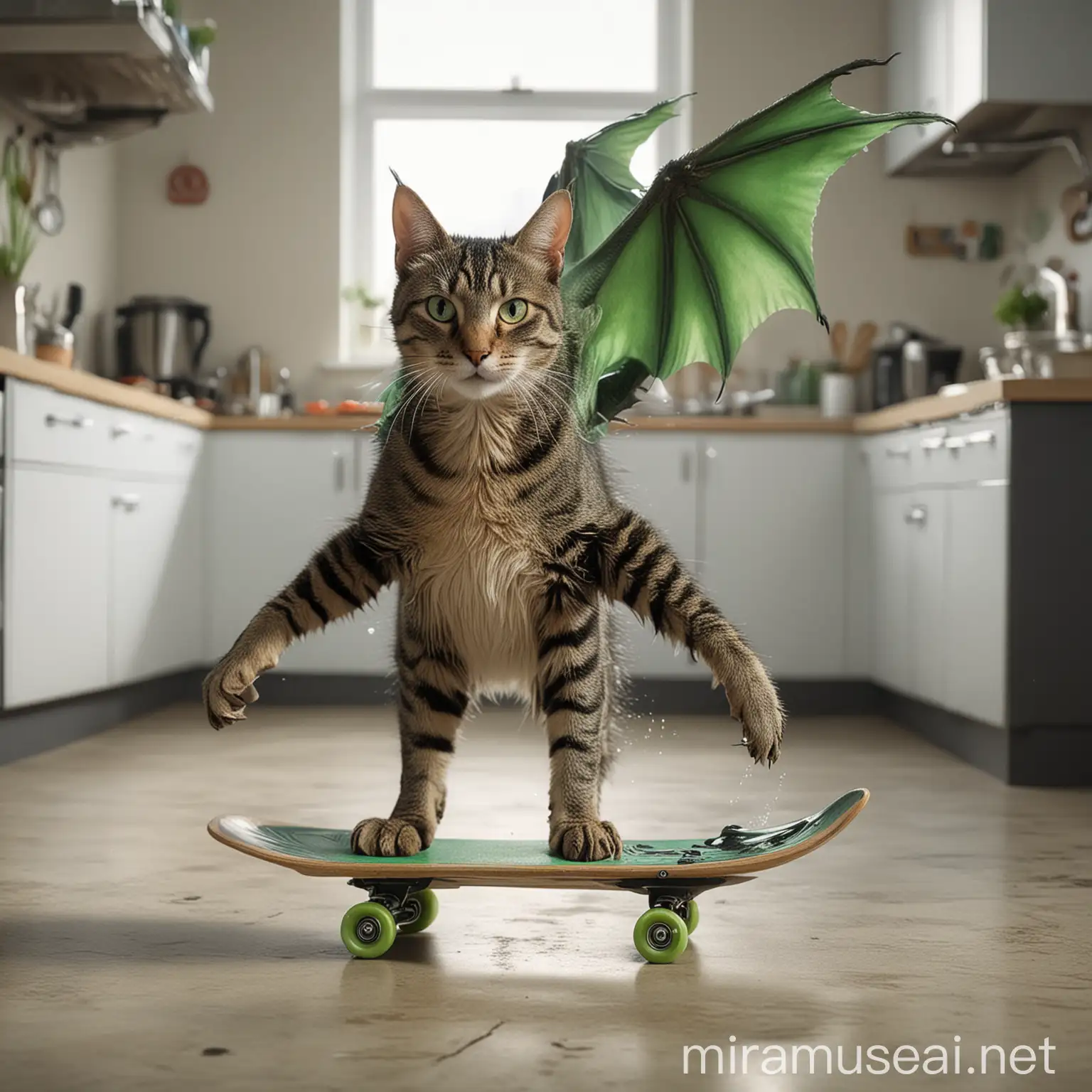 imagen de un gato con cola de dragón verde, que vuela y viaja en una pecera sobre una patineta en una cocina futurista