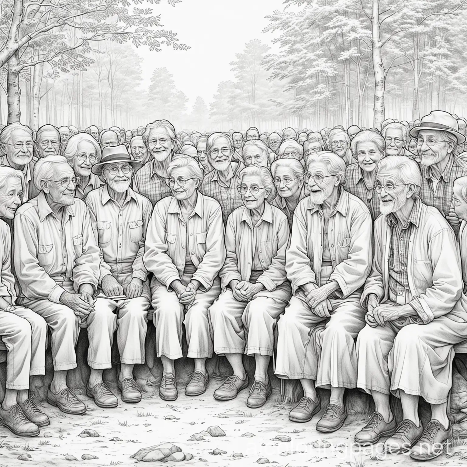 old folks at a camp meeting, Coloring Page, black and white, line art, white background, Simplicity, Ample White Space