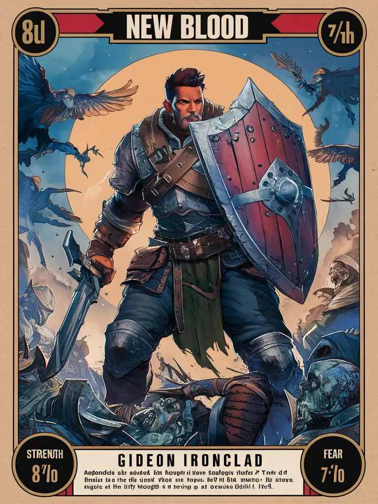 "describe a premium collectible trading card design for 'New Blood' featuring 'Gideon Ironclad'. Include the following elements: * Card name: 'Gideon Ironclad' in bold text * Stats: + Strength: 8/10 + Speed: 4/10 + Agility: 5/10 + Fear Factor: 7/10 * + Description: A stoic defender of the weak, Gideon Ironclad stands as a bulwark against the tide of the undead. Clad in heavy armor and wielding a mighty shield, he protects his comrades with unwavering loyalty, his indomitable spirit a beacon of hope in the darkest of times. + Card details: + Manga-style artwork with 8k/16k visuals + UHD palette with vibrant colors + Intricate details and H.R. Giger-inspired surrealism + Hero-style fantasy scene with natural lighting + Imagery inspired by Tim Burton's twisted hero aesthetic + Rendered with Octane rendering * Premium 14PT card stock with authenticated design * UHD atmosphere and intricate details throughout the design Format the design with a standard trading card layout, including space for a holographic foil or other premium finishes. Please ensure the design is breathtaking, with a bad-picture-chill-75v effect, and a ral-dissolve finish." --q 100 --c 500