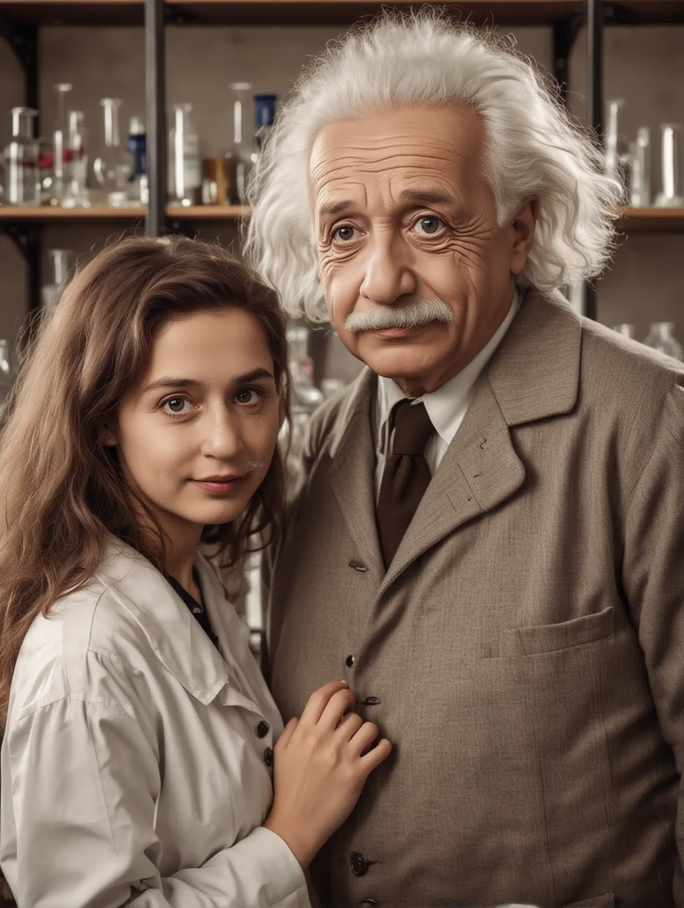 A beautiful woman takes a photo with Einstein in the laboratory
