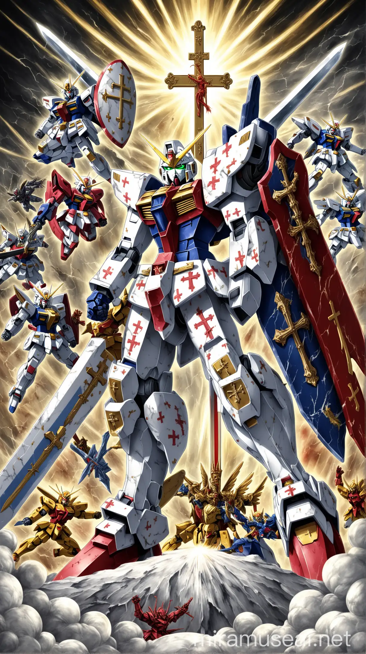 Catholic Marble Suit Gundam Adorn with crosses and Mighty sword and shield Fighting off demons 