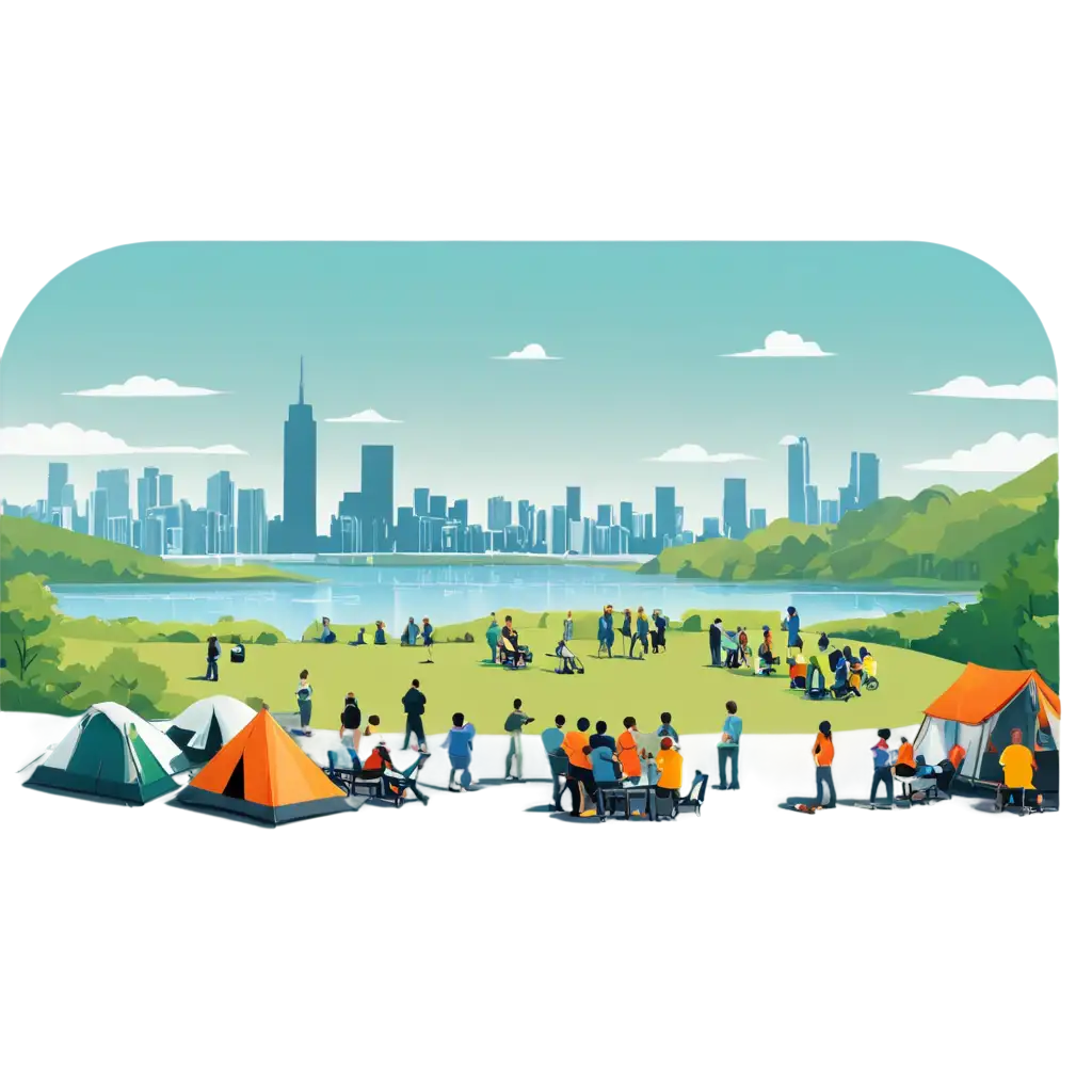 vector image of a campsite with lots of people with a city view