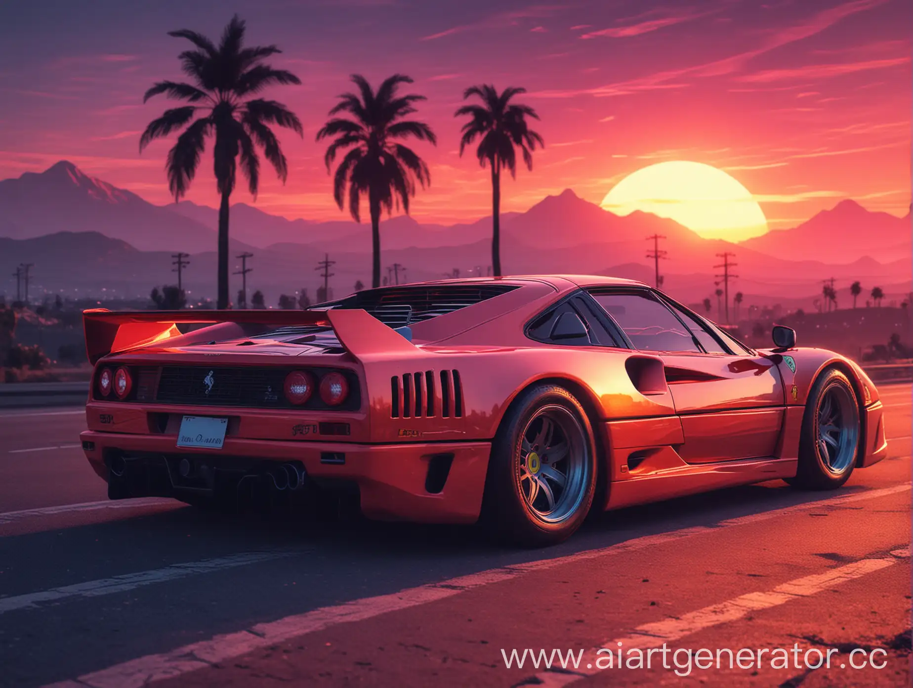 synthwave style, ferrari f40, retrowave sunset at the background