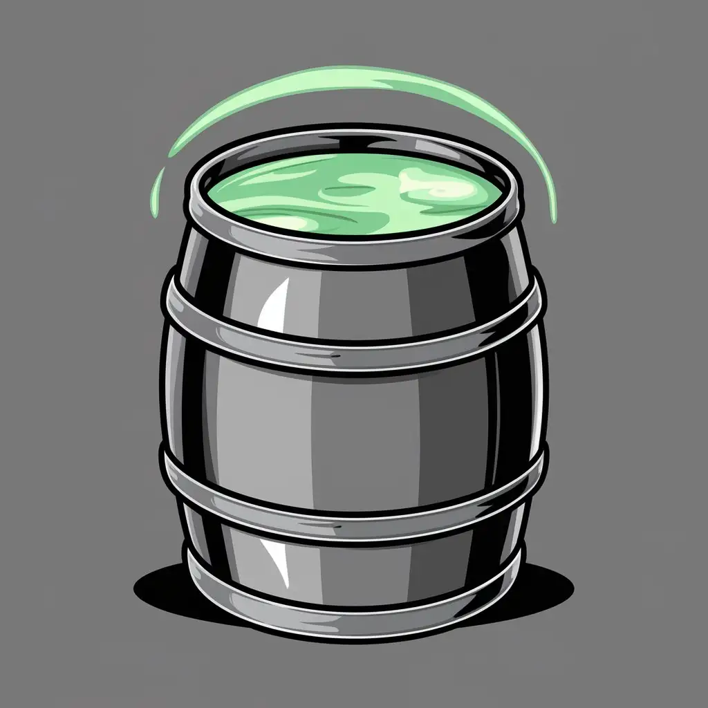 A gray barrel of glowing green milk, icon style, solid background