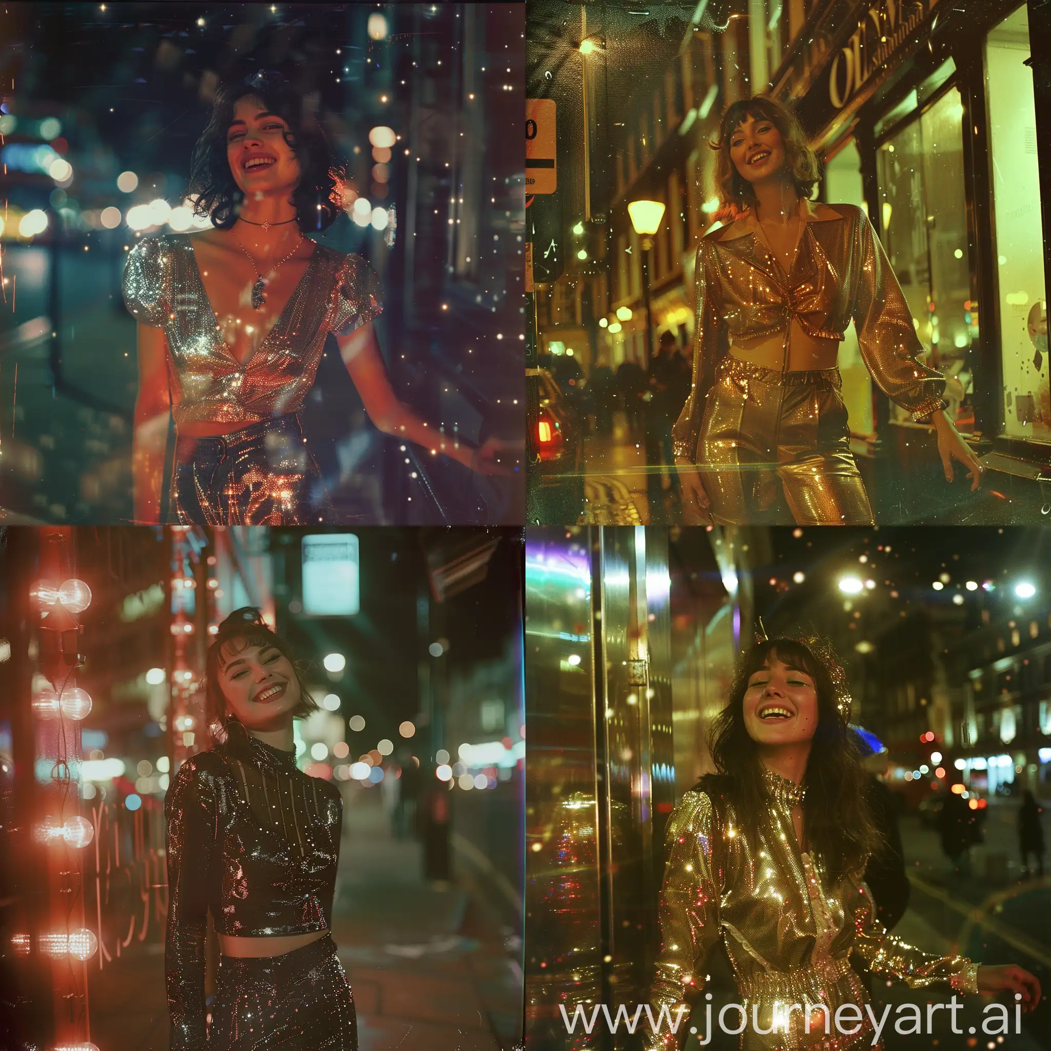 London girl, candid pose, retro shiny outfits, old picture, glitchy and grainy, 100mm, retro camera, grainy photography, night photography, smiling girl, street photography, little glitchy and blurry