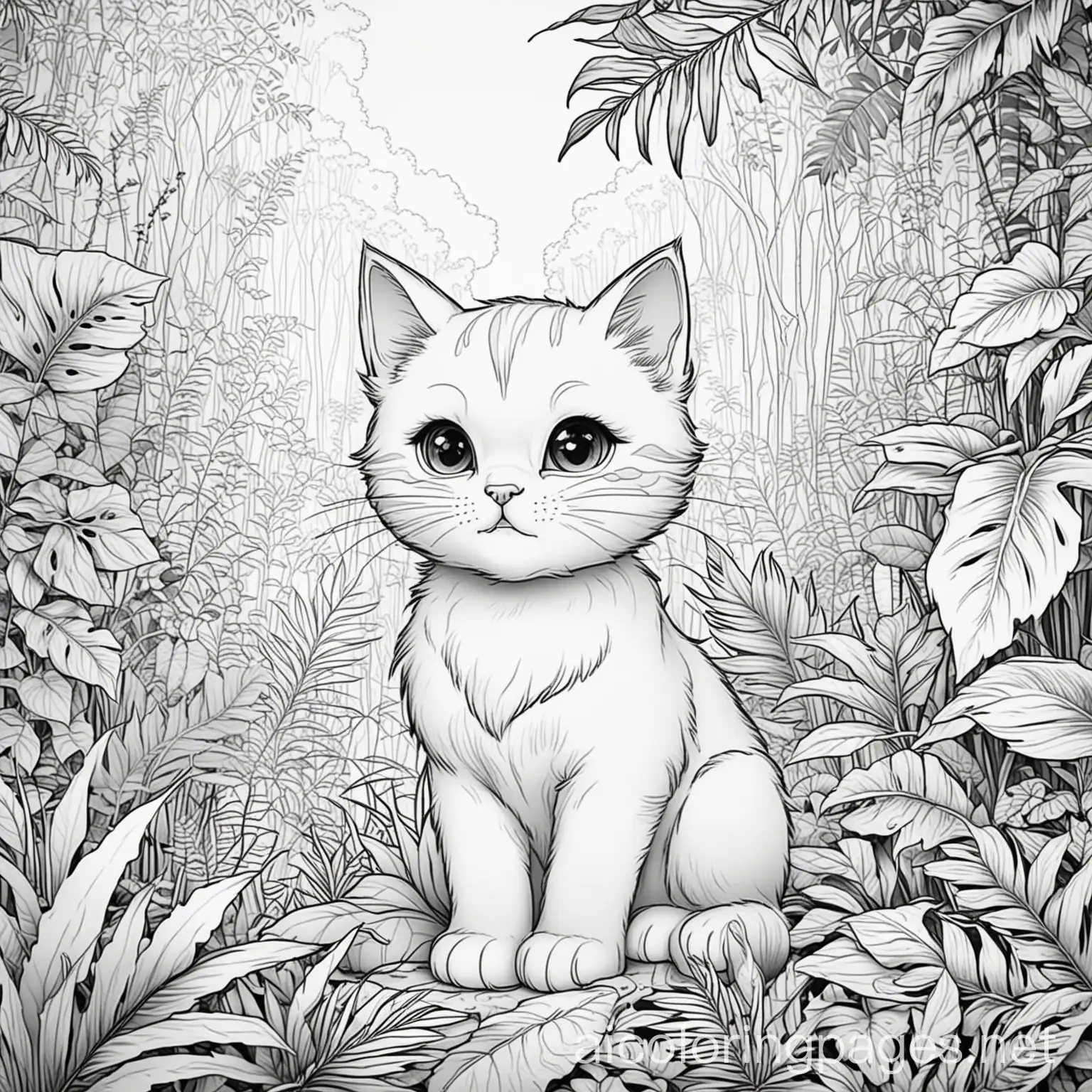 Kitty in the jungle, Coloring Page, black and white, line art, white background, Simplicity, Ample White Space. The background of the coloring page is plain white to make it easy for young children to color within the lines. The outlines of all the subjects are easy to distinguish, making it simple for kids to color without too much difficulty