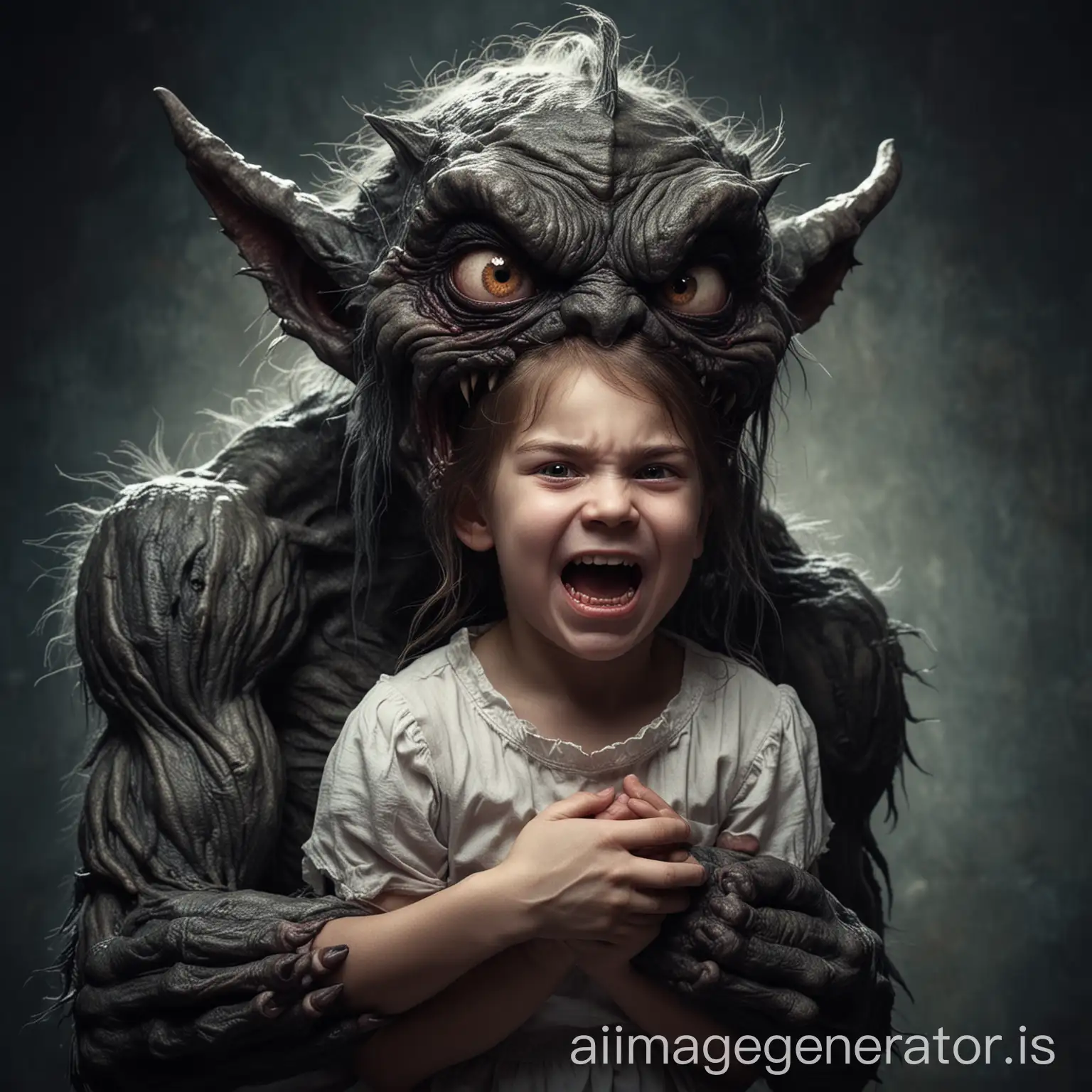 Little girl's nightmare. A extreme giant ugly creepy demon monster tightly holds her in his arms. He is biting her. Girl looks at camera and gives a mild smile.