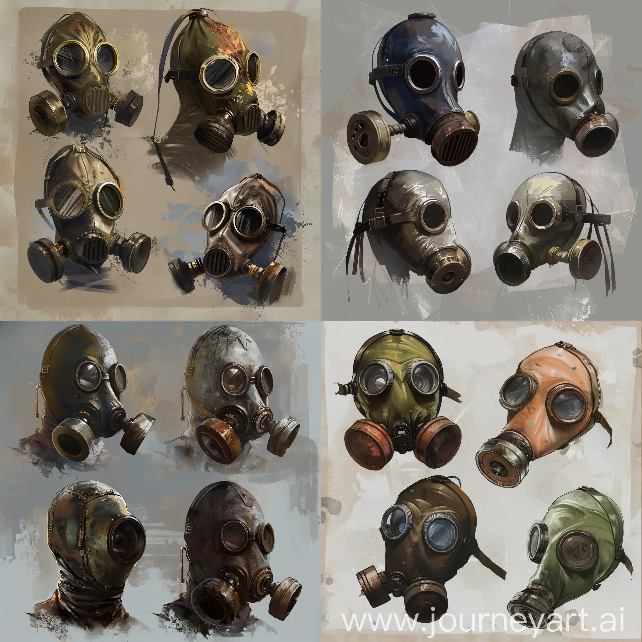Concept art 5 gasmasks, old and new ones.