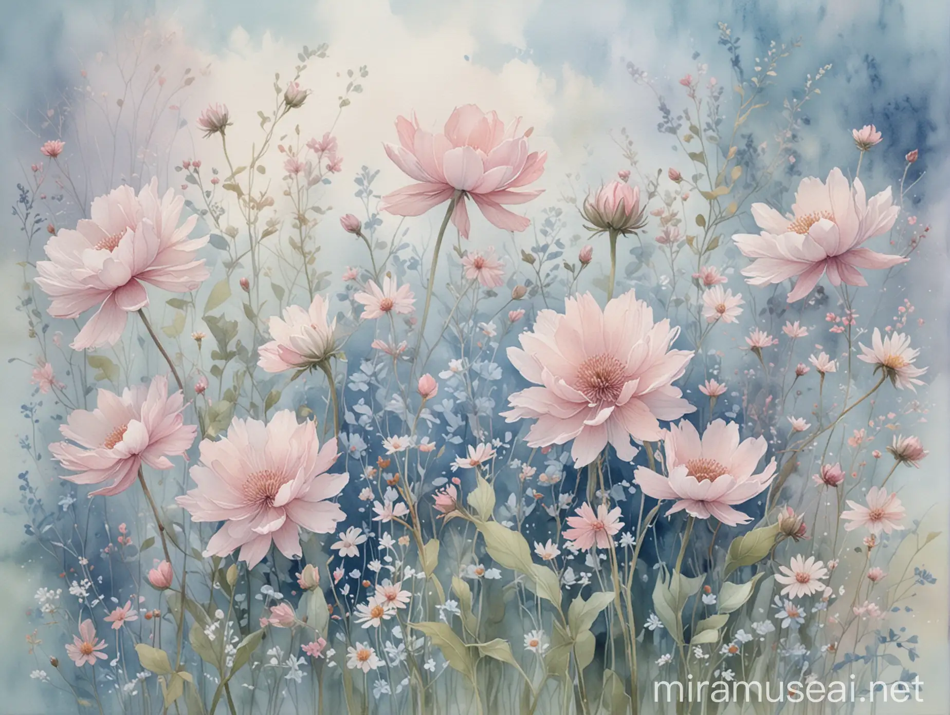 Watercolor Painting with Soft Blues and Pinks and Floral Silhouettes