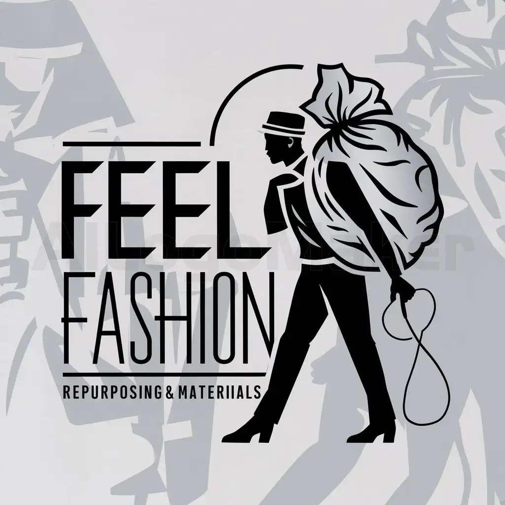 a logo design,with the text "FEEL FASHION", main symbol:a man with a garbage bag on his back and in his hand a needle with thread,Moderate,clear background