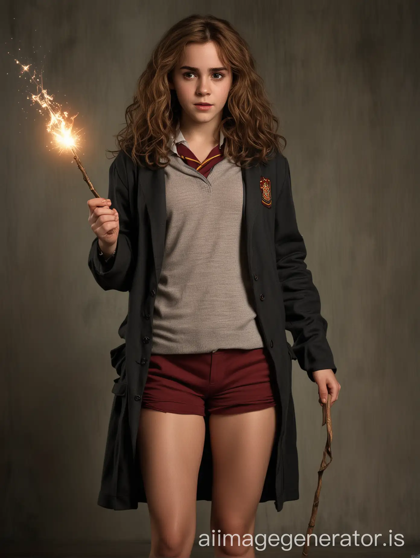 Hermione Granger with a magic wand disenchanted all her clothes except her panties