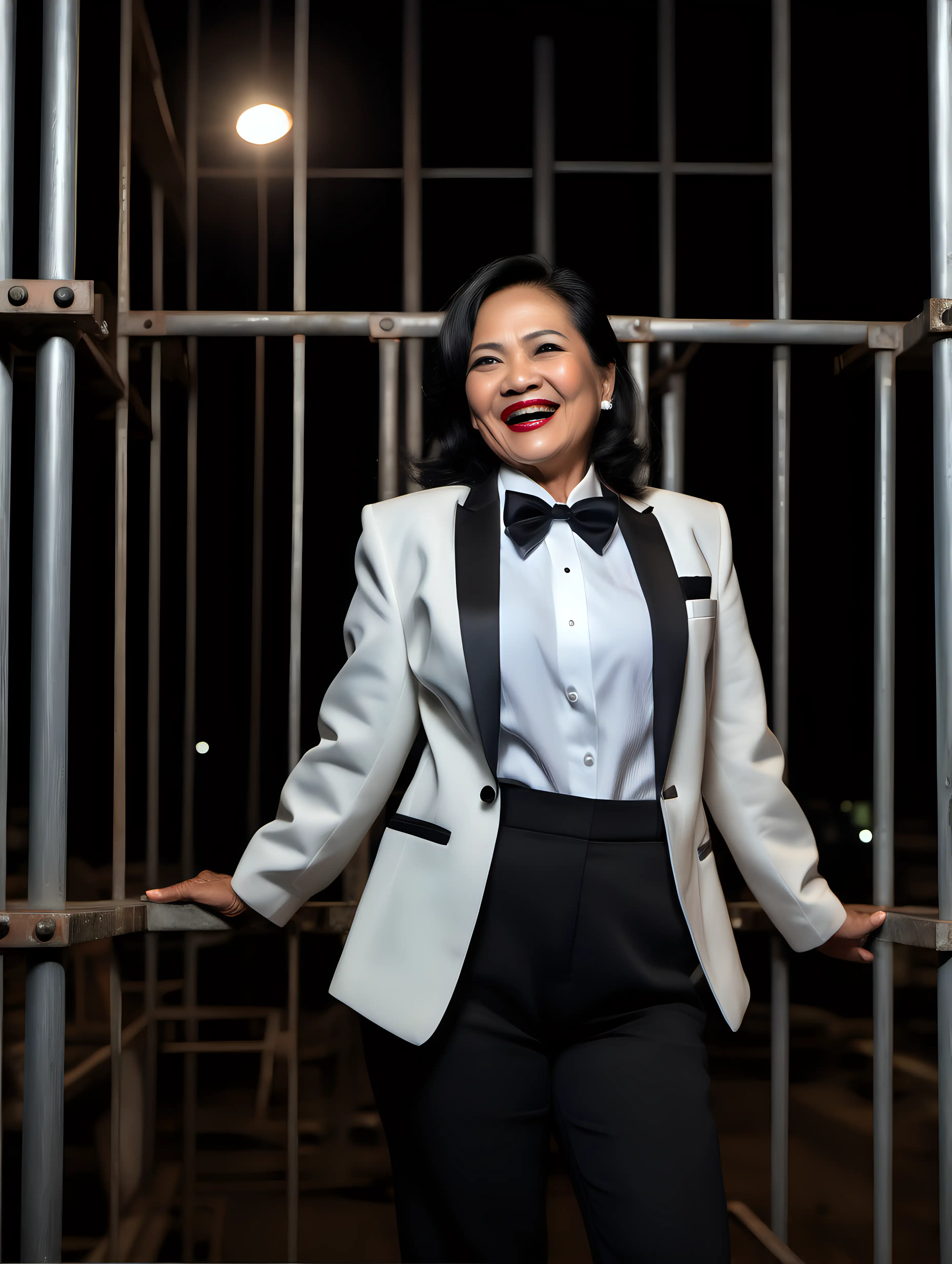 A stunning and sophisticated and confident 50 year old Indonesian woman with shoulder length hair and red lipstick wearing a tuxedo with a white shirt with cufflinks and a (black bow tie) and (black pants), standing on a scaffold facing forward looking at the viewer, laughing and smiling. She is relaxed. It is night. Her jacket is open. Her jacket has a corsage.
