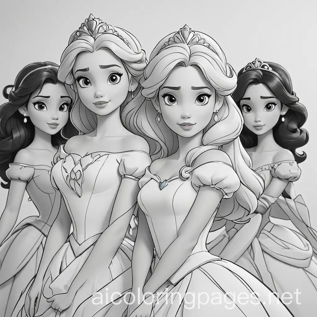 Disney-Princesses-Coloring-Page-in-Black-and-White-Line-Art-on-White-Background