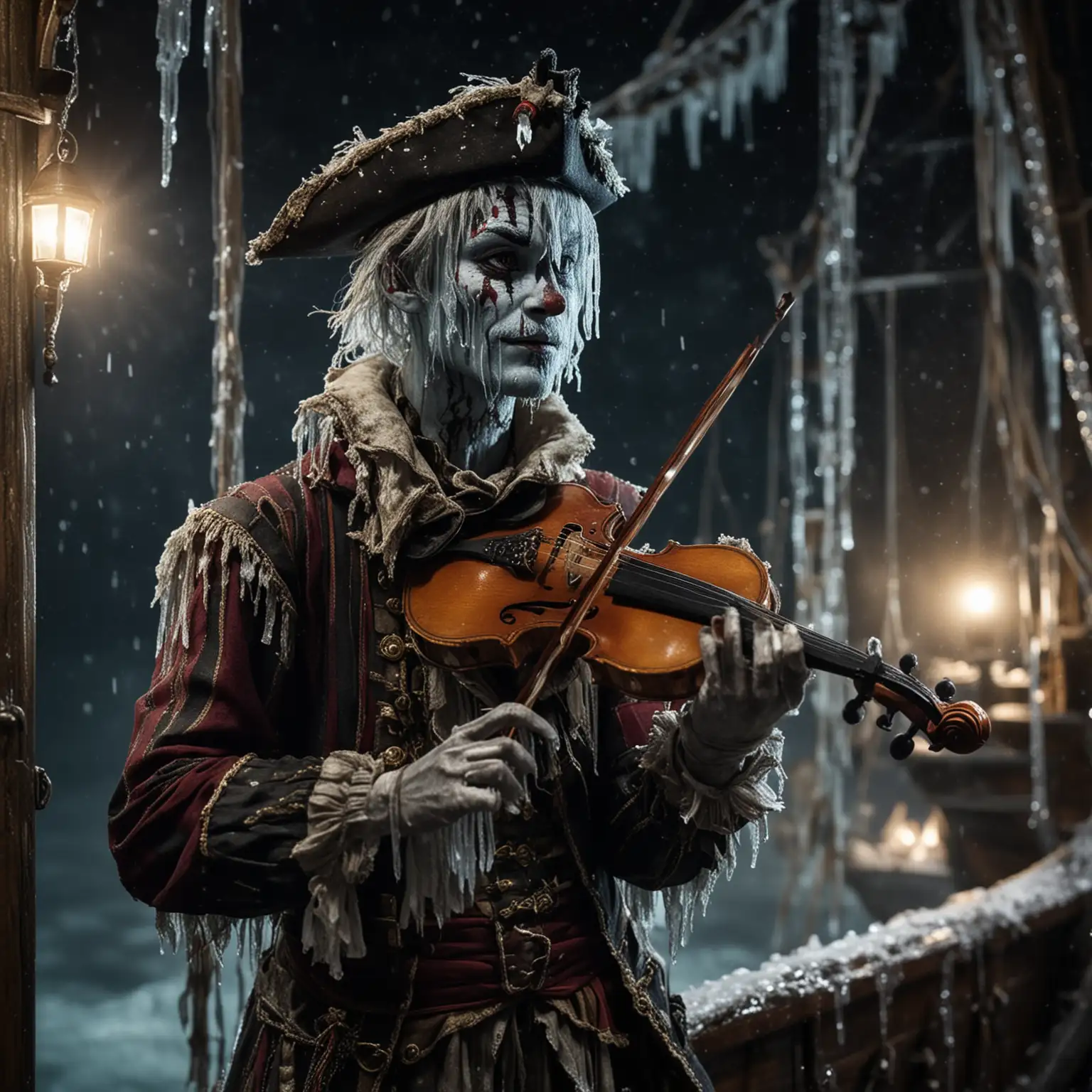 Ein eingefrorener Harlekin auf einem Piratenschiff bei Nacht. Seine Kleidung und sein Gesicht sind eingefroren. Es ist sehr kalt. Eiszapfen. Der Harlekin spielt Geige.