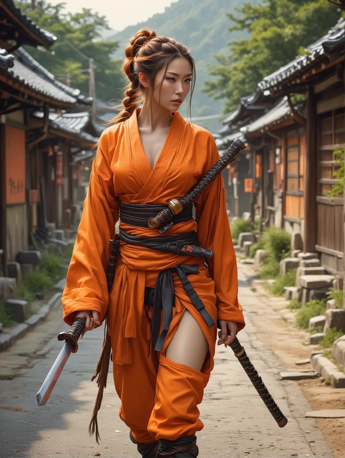 whimsical style of A fantastical of beauty female in orange ninja's outfit style, huge tits, braided hair style, strapped a katana on her back, she was walking on a japanese village road with large watch accent background. Hyperrealistic and hyperdetailed elements, impressionistic masterpiece