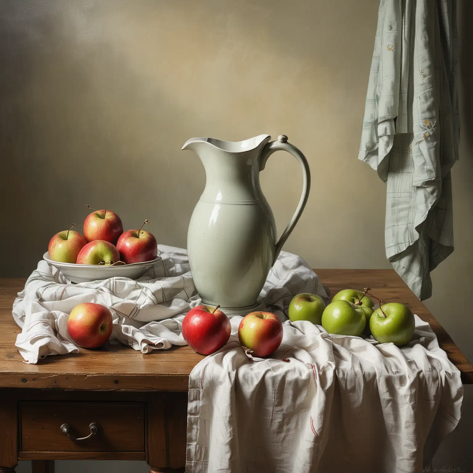 A PAINTING OF A STILL LIFE, OF A TALL PITCHER ON A TABLE WIYH A CLOTH, AND RED AMD GREEM APPLES