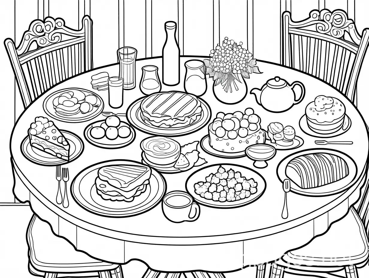 a table with a fancy brunch on it, cute style, yummy food, Coloring Page, black and white, line art, white background, Simplicity, Ample White Space. The background of the coloring page is plain white to make it easy for young children to color within the lines. The outlines of all the subjects are easy to distinguish, making it simple for kids to color without too much difficulty