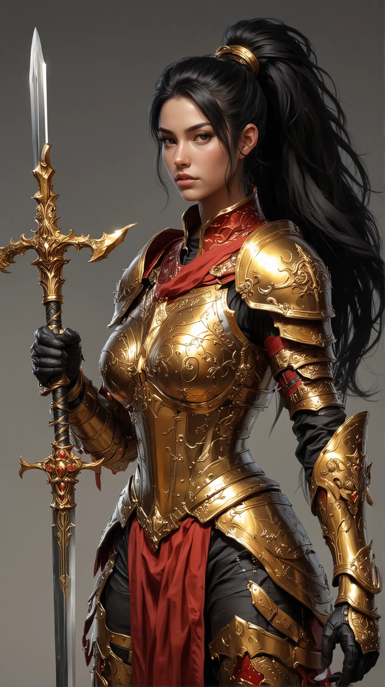 A paladin with a black hair ponytail, and sword in his right hand and a golden scepter in is left hand, a red and gold armor, 