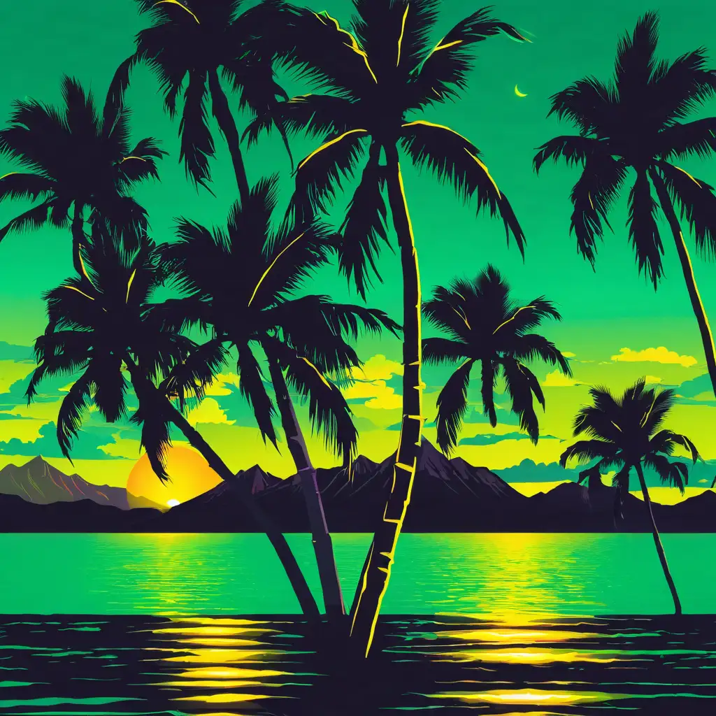 create exact image attached make yellow sunset, cant see sun, behind mountains, with green sky above sun and green water with the suns reflection, dark palm trees large and small dark mountains in the distance background, behind the black palm trees is the ocean, make slight neon HIGH RESOLUTION