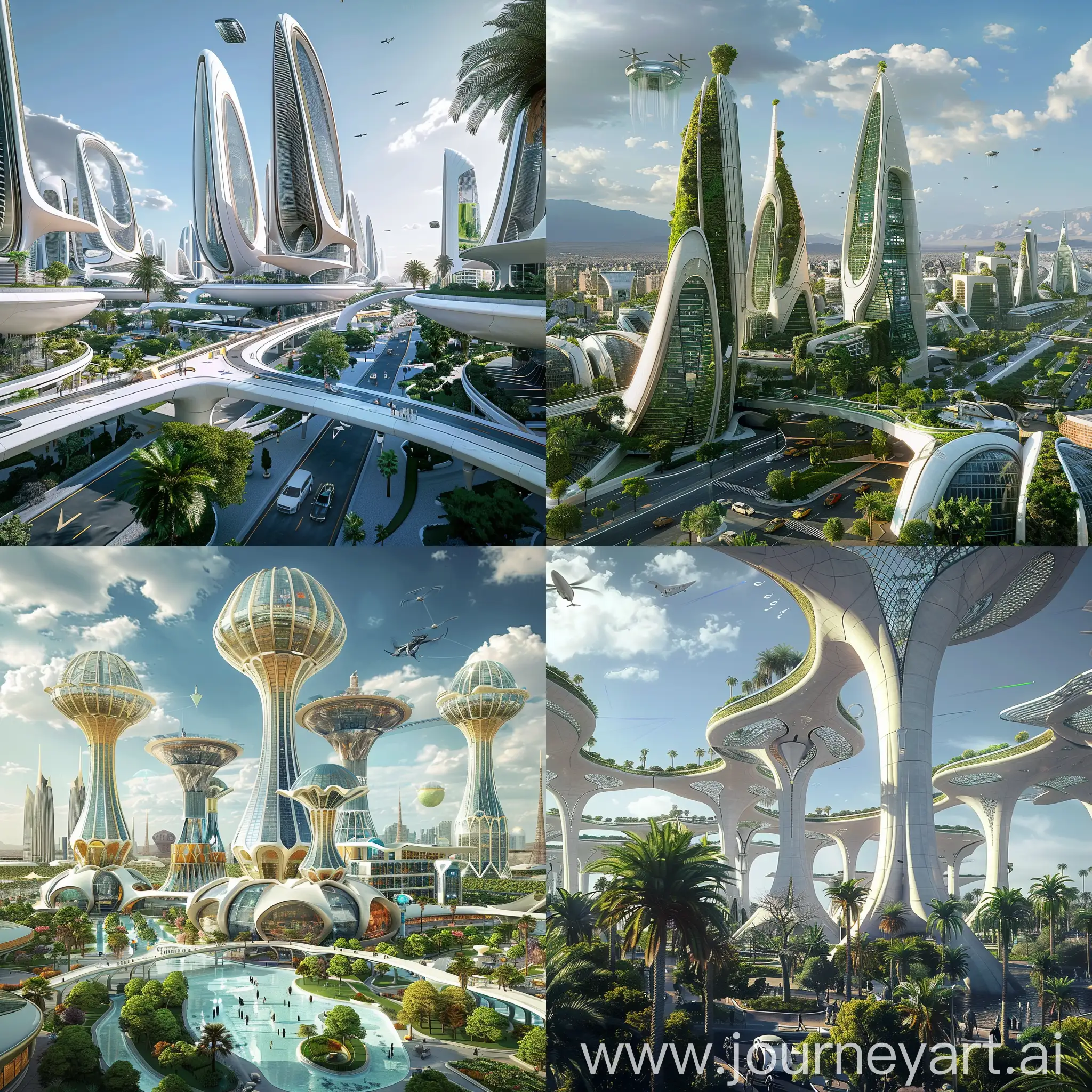 Futuristic Baghdad, Smart Grids, Autonomous Transportation Hubs, Advanced Water Purification Systems, Vertical Farms, Waste-to-Energy Plants, AI-Managed Healthcare Facilities, Responsive Building Materials, Integrated IoT Devices, Cybersecurity Command Centers, Educational Platforms, Self-Repairing Infrastructure, Energy-Generating Public Spaces, Atmospheric Water Generators, Drone Traffic Management Towers, Urban Greenways, Dynamic Facades, Public Service Robots Stations, Eco-Districts, Augmented Reality Zones, Space Elevator Platforms, Futurism, Modern Era, in unreal engine 5 style --stylize 1000