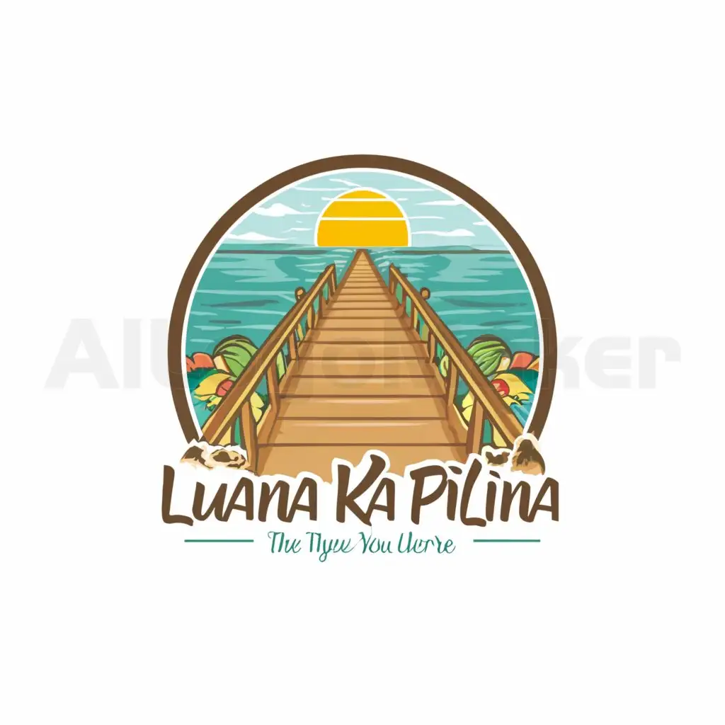 a logo design,with the text "Luana Ka Pilina", main symbol:There is a wooden deck-like path from the sandy beach to the sea, and it gives the impression that there are shops ahead. The sandy beach emphasizes chicness, the sea has beautiful colors with gradients like Hawaii or Okinawa, and the color of the shop should be a Tiffany blue-like color. Please create a logo with a realistic feel like a photograph, not an illustration.,complex,be used in Restaurant industry,clear background
