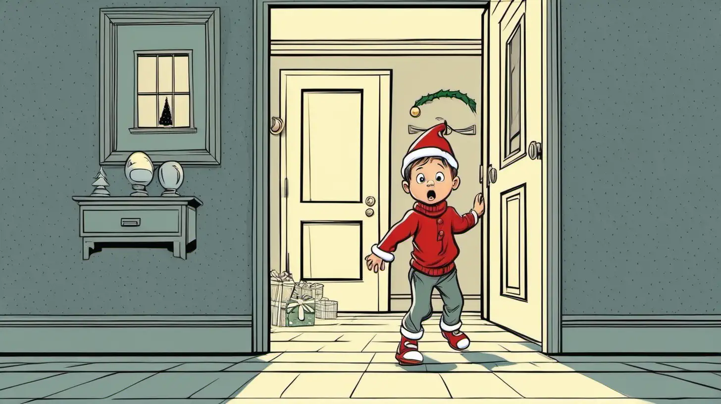 cartoon little boy sneaking out of his room on christmas eve