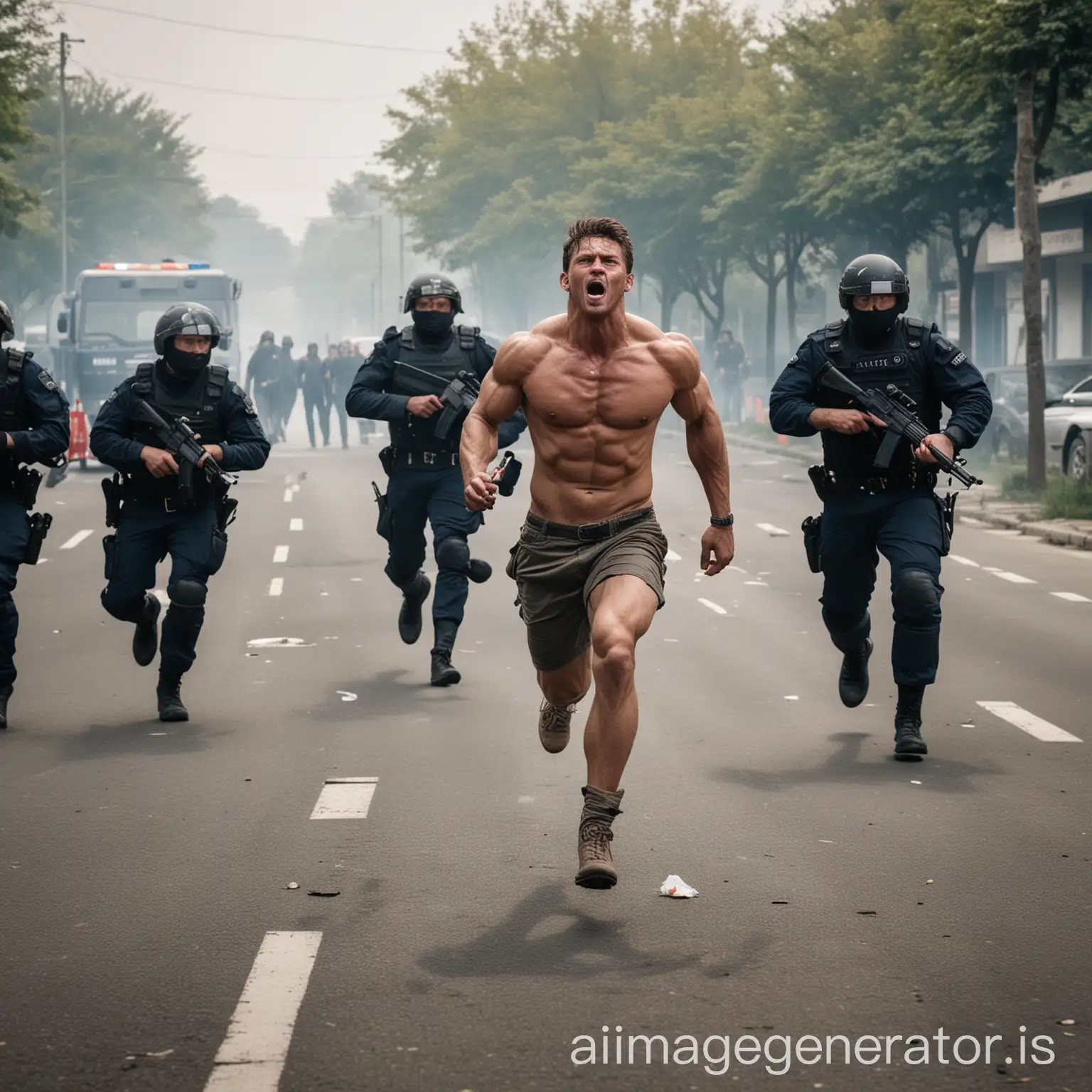 the muscular man was chased by several policemen with guns. The muscular man ran while smoking and playing games