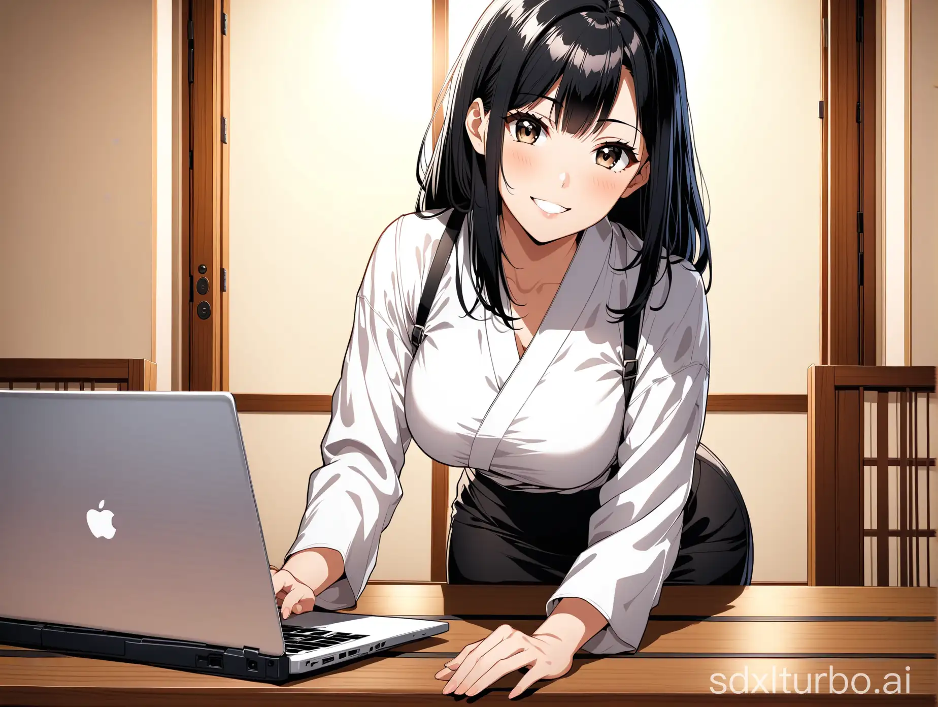 beautiful intellectual typical Japanese 33-year-old girl is working before a laptop, smiling and looking at viewer, Instagram model, long black hair, warm, black eyes, height 6.5 feets, female, masterpiece, 4k, Good body and head proportions, Jujutsu
