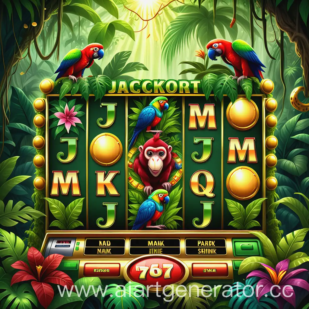 Create an image based on the following text. Background: Thick green jungle with exotic plants and trees, light shining through the foliage, creating a sense of mystery and adventure. Centerpiece: In the center is a bright, shining jackpot slot machine partially overgrown with vines and flowers. Details: Three golden sevens on the slot machine, scattered gold coins, exotic animals (parrot and monkey). Color Palette: Bright and rich colors: green, gold, red, orange.