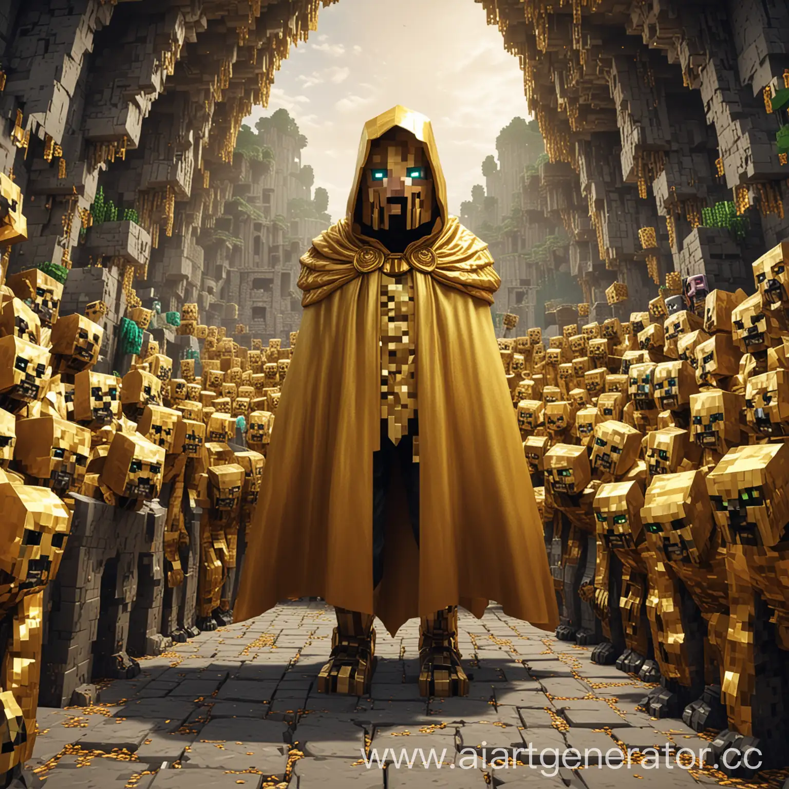 Minecraft-Creeper-Cosplayer-with-Majestic-Golden-Cape-Surrounded-by-Admirers