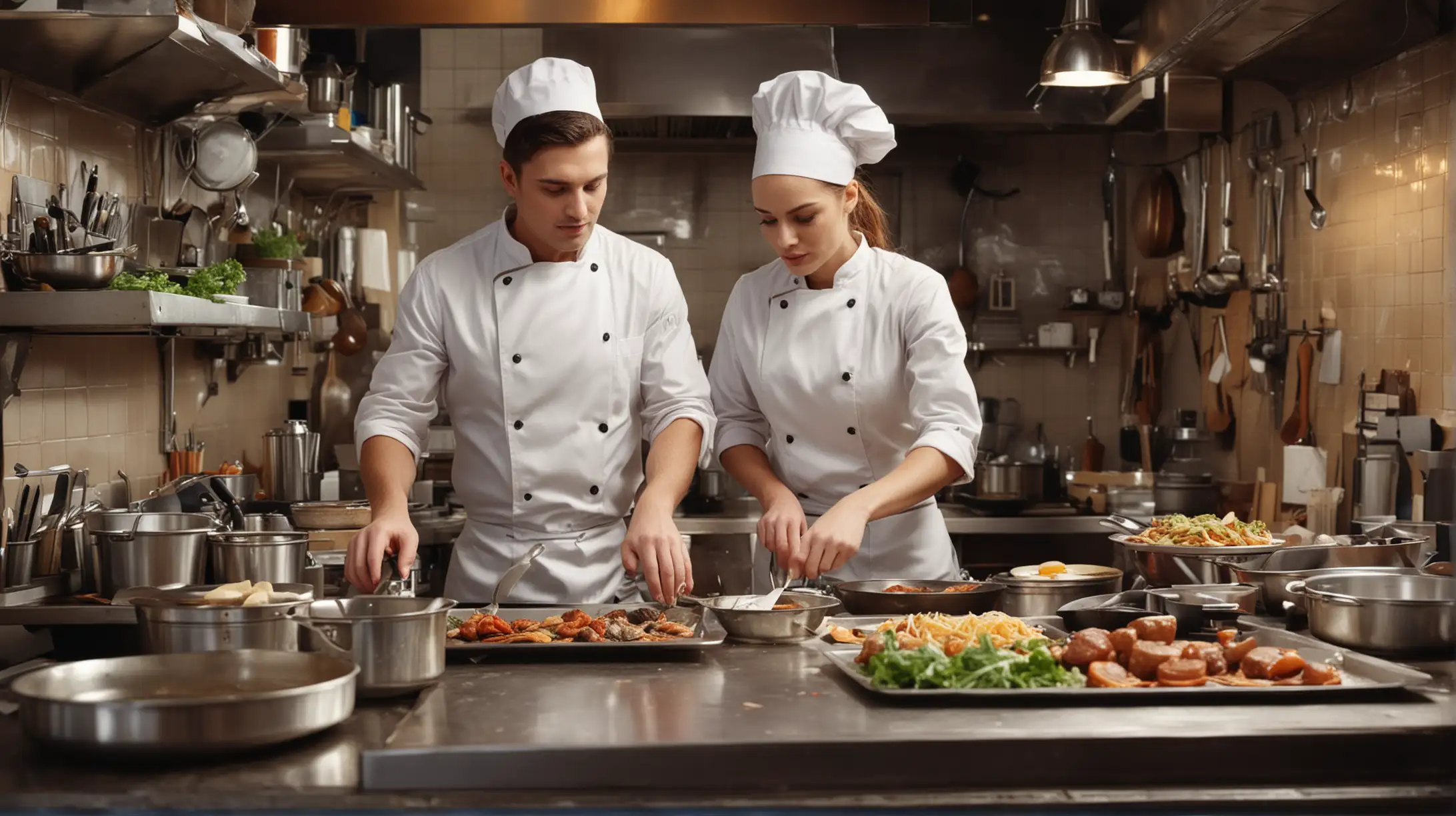 guy and woman working in a restaurant kitchen as cook, amazing atmosphere, high detailed food 
