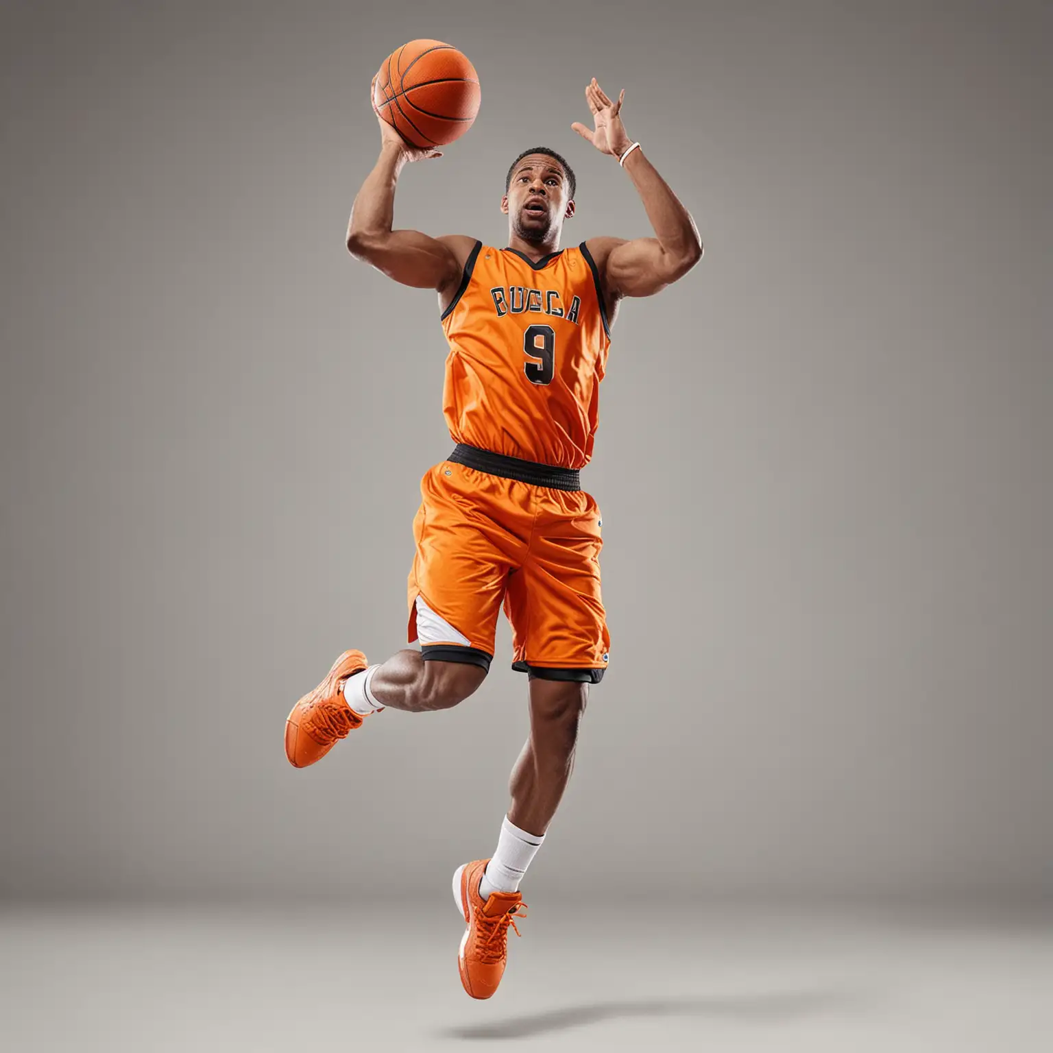 realistic basketball player jumping up with basketball, isolated on white background, orange uniform