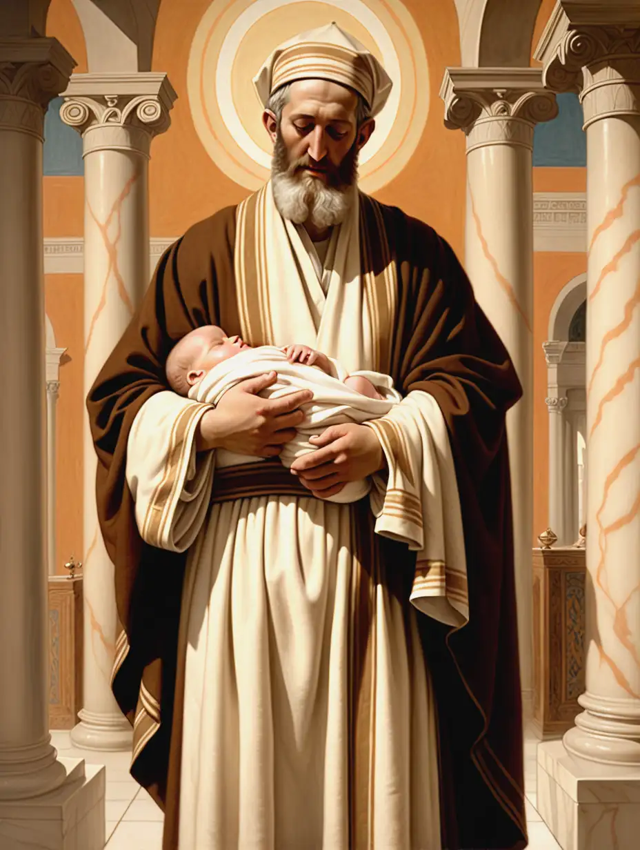 This image depicts a painting of the jewish high priest, portrayed as a man in Jewish robes, holding a baby in his arms. The setting appears to be a temple, with additional elements such as sandals, slippers, and lamps visible in the background. The light is coming in from the upper right.  The colors in the painting are primarily earth tones. The composition focuses on the central figures of Simeon and the baby, exuding a sense of religious reverence. The style of the painting is classic and traditional, evoking a spiritual atmosphere. The image conveys a tender moment between Simeon and the infant, embodying themes of love and faith.
The image is rendered in the style of artist William Godward