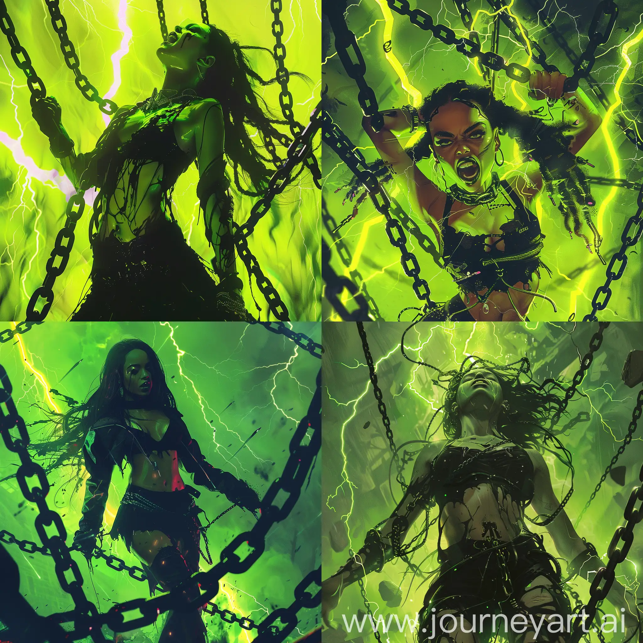 Brazilian phonk album cover, fantasy, anime woman in rage fully black, floating chains everywhere, lime, back lightning
