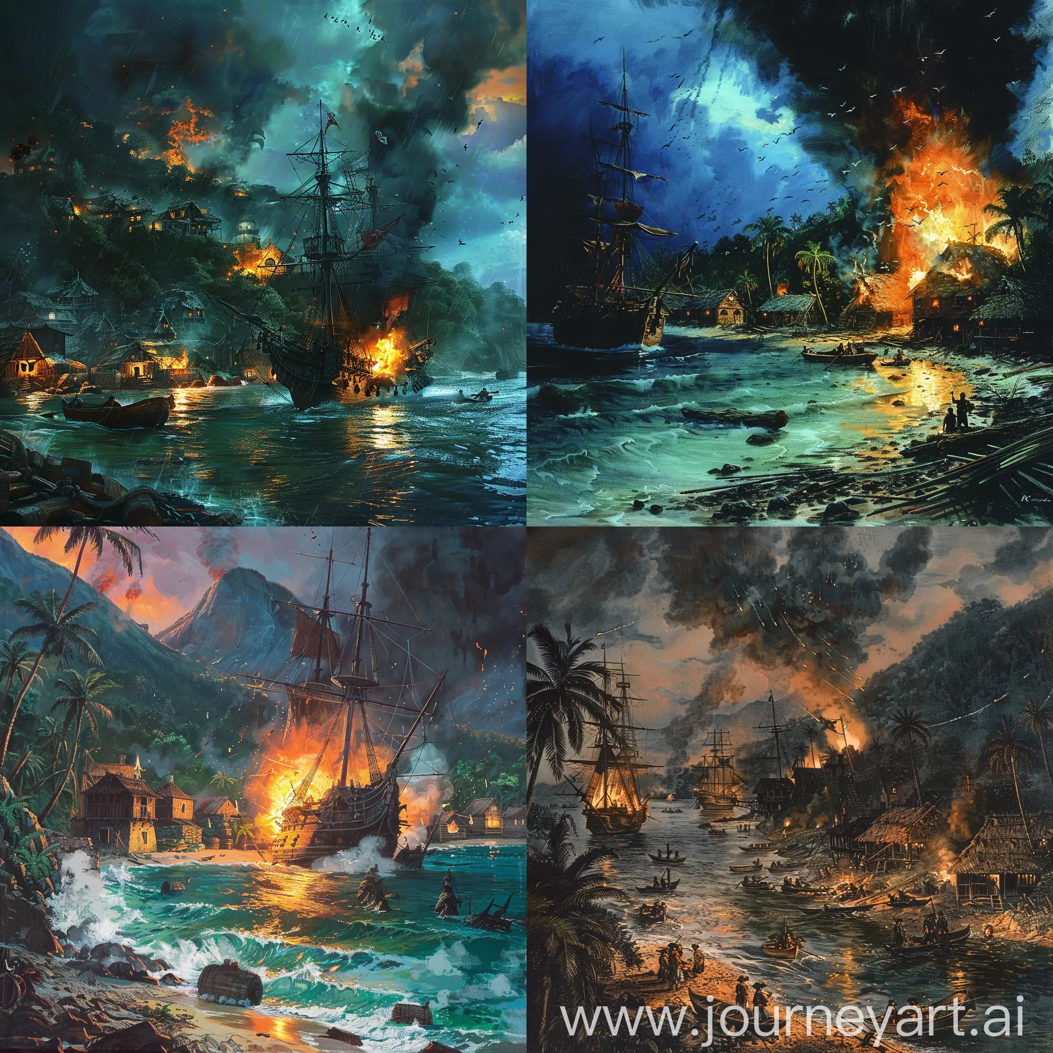 Pirate-Attack-on-Island-Village-Dramatic-Seascape-Art