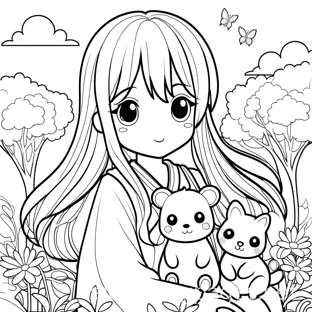 anime character with Pets ,Black and white coloring pages for kids, simple lines ,kawaii anime cute illustration drawing clip art character, , Coloring Page, black and white, line art, white background, Simplicity, Ample White Space. The background of the coloring page is plain white to make it easy for young children to color within the lines. The outlines of all the subjects are easy to distinguish, making it simple for kids to color without too much difficulty
