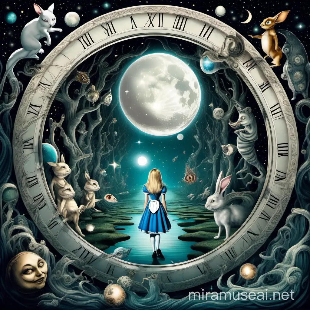 Surreal Alice in Wonderland Mirror Portal with Celestial and Aquatic Elements