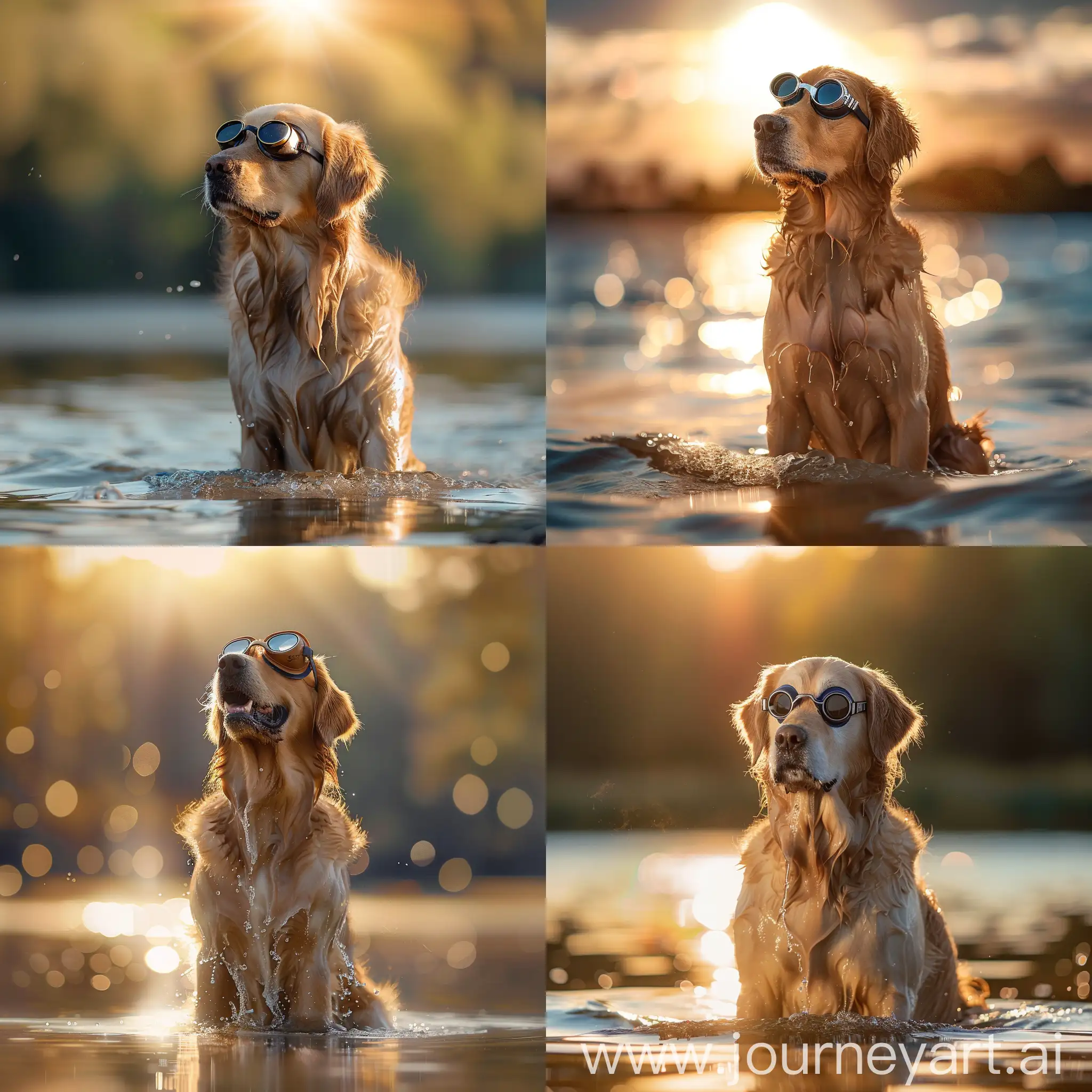 Create a realistic image of a golden retriever sitting in the water wearing swimming googles. Use a Nikon D850 DSLR camera with a 200mm lens at F 1.2 aperture setting to isolate the subject and add a blurred backdrop of the sunligh.  Use positive lighting with sunlight and shadows to create a dynamic image.