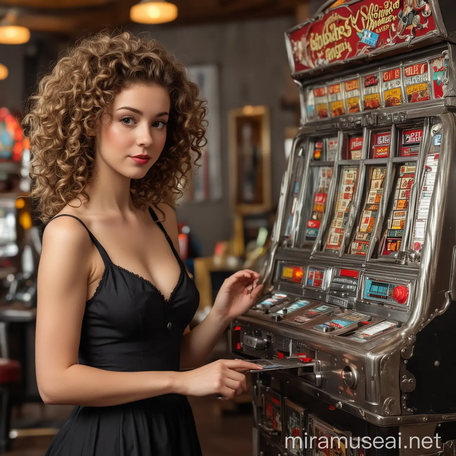 Fashionable European and American CurlyHaired Lady Next to Mechanical Slot Machine