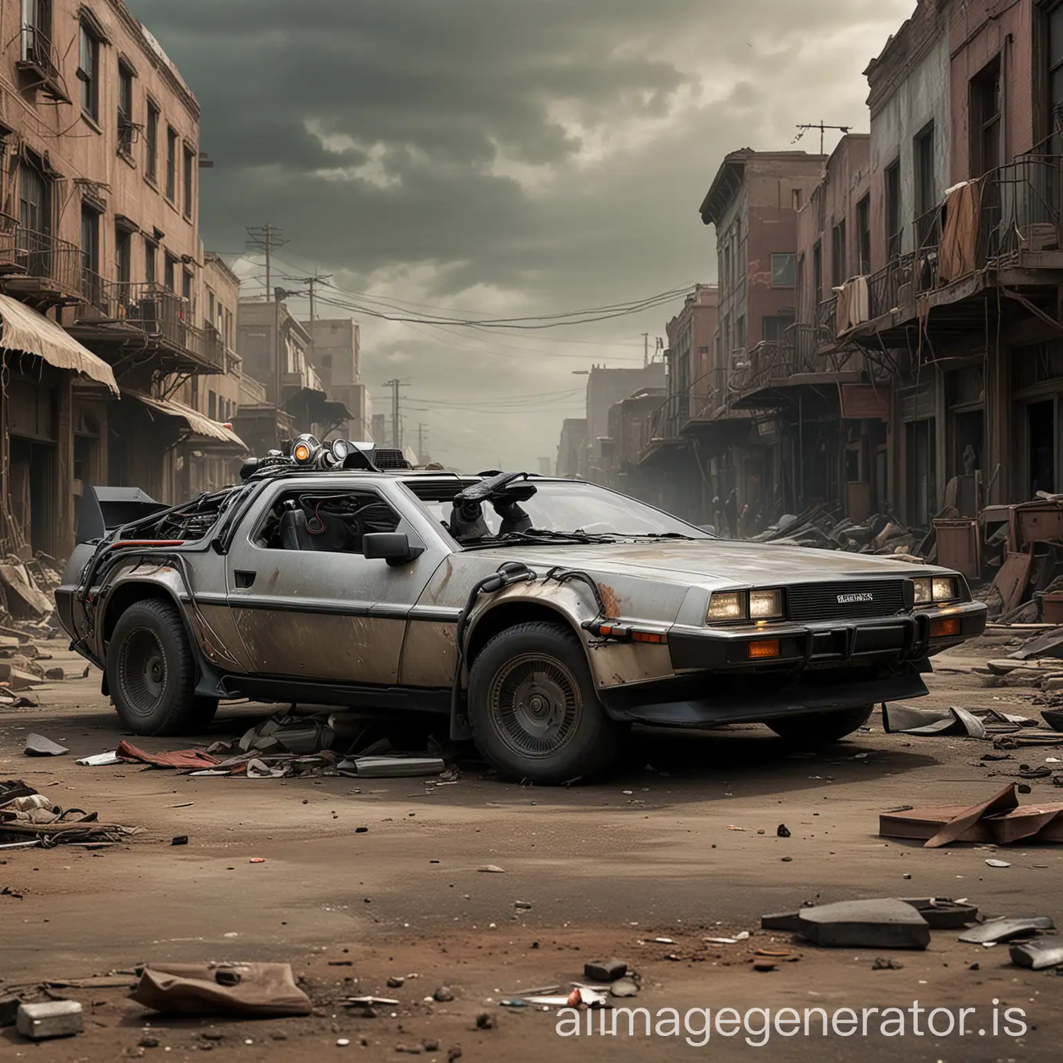 delorean in a post apocalyptic town