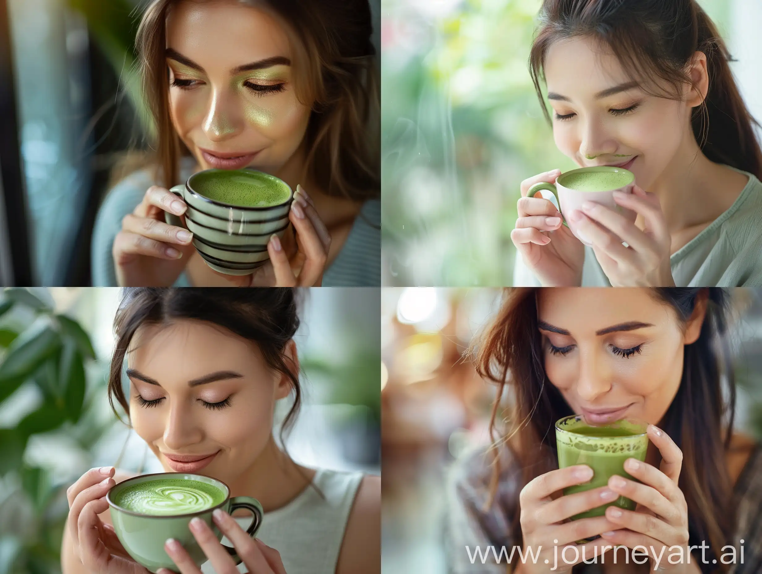 Woman-Enjoying-Matcha-Tea-in-a-Cozy-Cafe-Setting