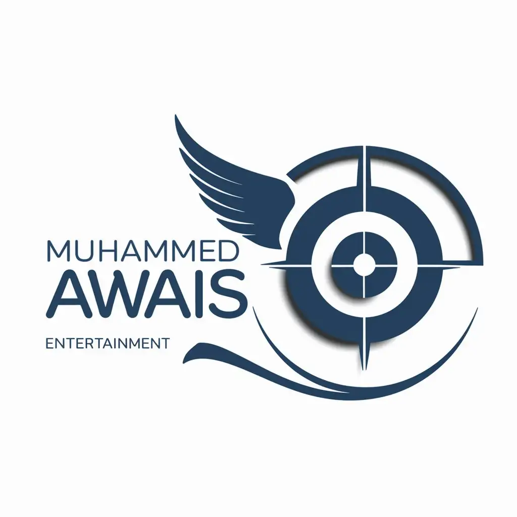 a logo design,with the text "Muhammed Awais", main symbol:Target Angel Wings,color white and blue.moti mension not circle logo use,Moderate,be used in Entertainment industry,clear background
