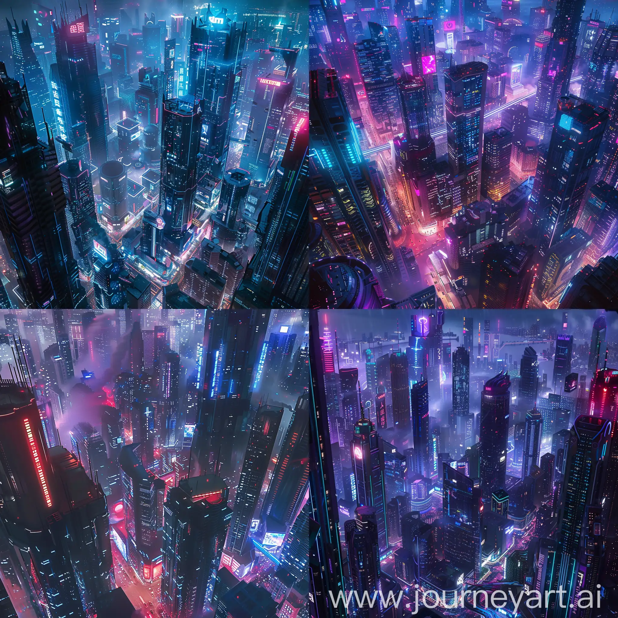 Futuristic cityscape with towering skyscrapers, viewed from a high angle at night. The city is illuminated by vibrant neon lights, showcasing advanced architectural designs and technological elements. --s 0 --v 6.0 --style raw