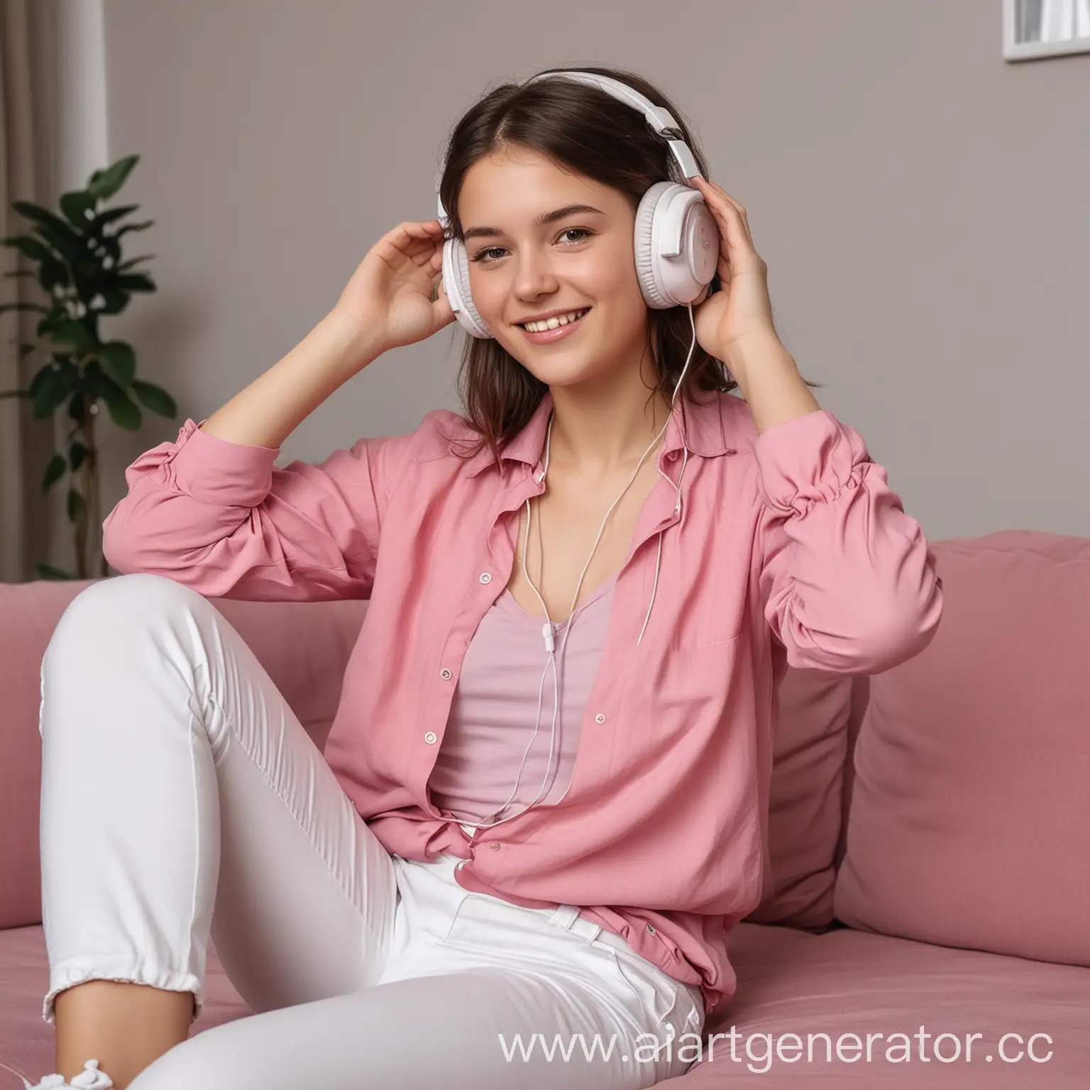 Реальное фото. Девушка 20 лет, сидит на диване в комнате , в наушниках и слушает музыку. Она улыбается. На ней белые брюки , и розовая блузка.
