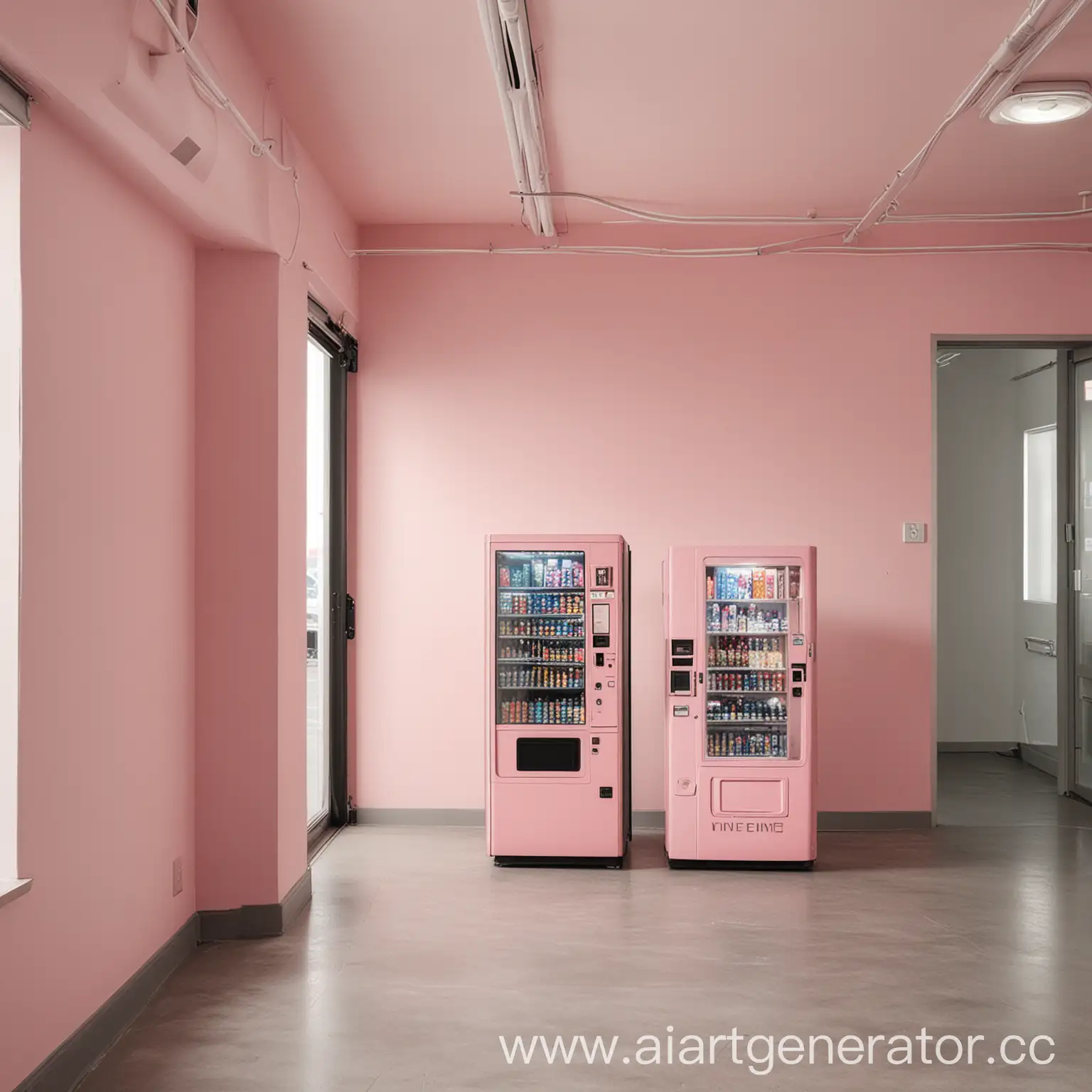 коворкинг, много комнат, бледно розовые стены, 
 один автомат с едой, люди, двери, серый пол
