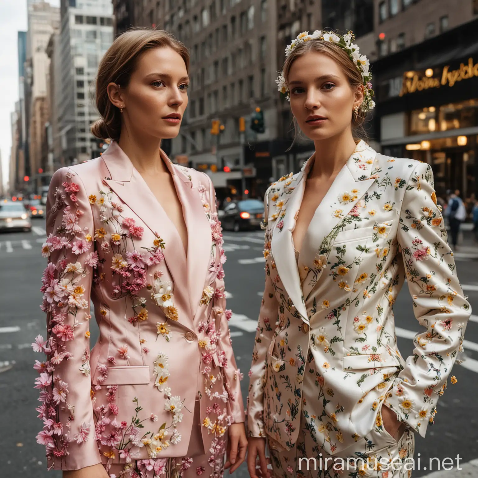 Two women wearing silk suits, faces fully covered with flowers standing in Manhattan